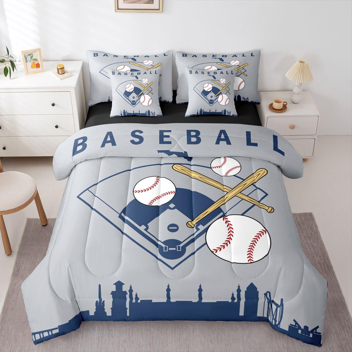 Erosebridal Boys Baseball Full Comforter Set Ball Sports Games 7 Pcs Bedding Set for Kids Teens Baseball Bat Bed in A Bag Softball City Building Sheet Sets for Youth Men Adult Bedroom