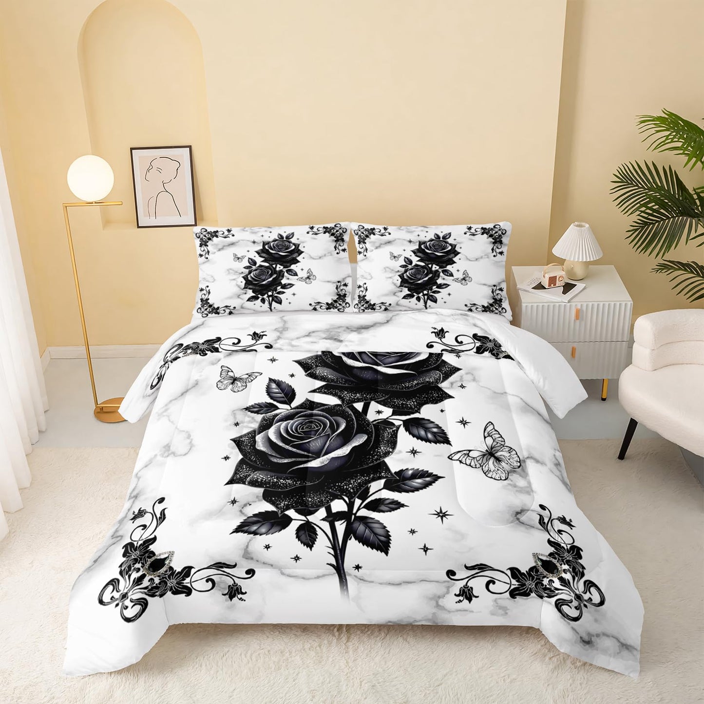QOOMO Black Flowers Kids Bedding Set,Cartoon Plants Comforter Set Queen Size for Boys Girls Teen Room Decorat,Soft Lightweight Bed Set All Season,1 Comforter 2 Pillowcases