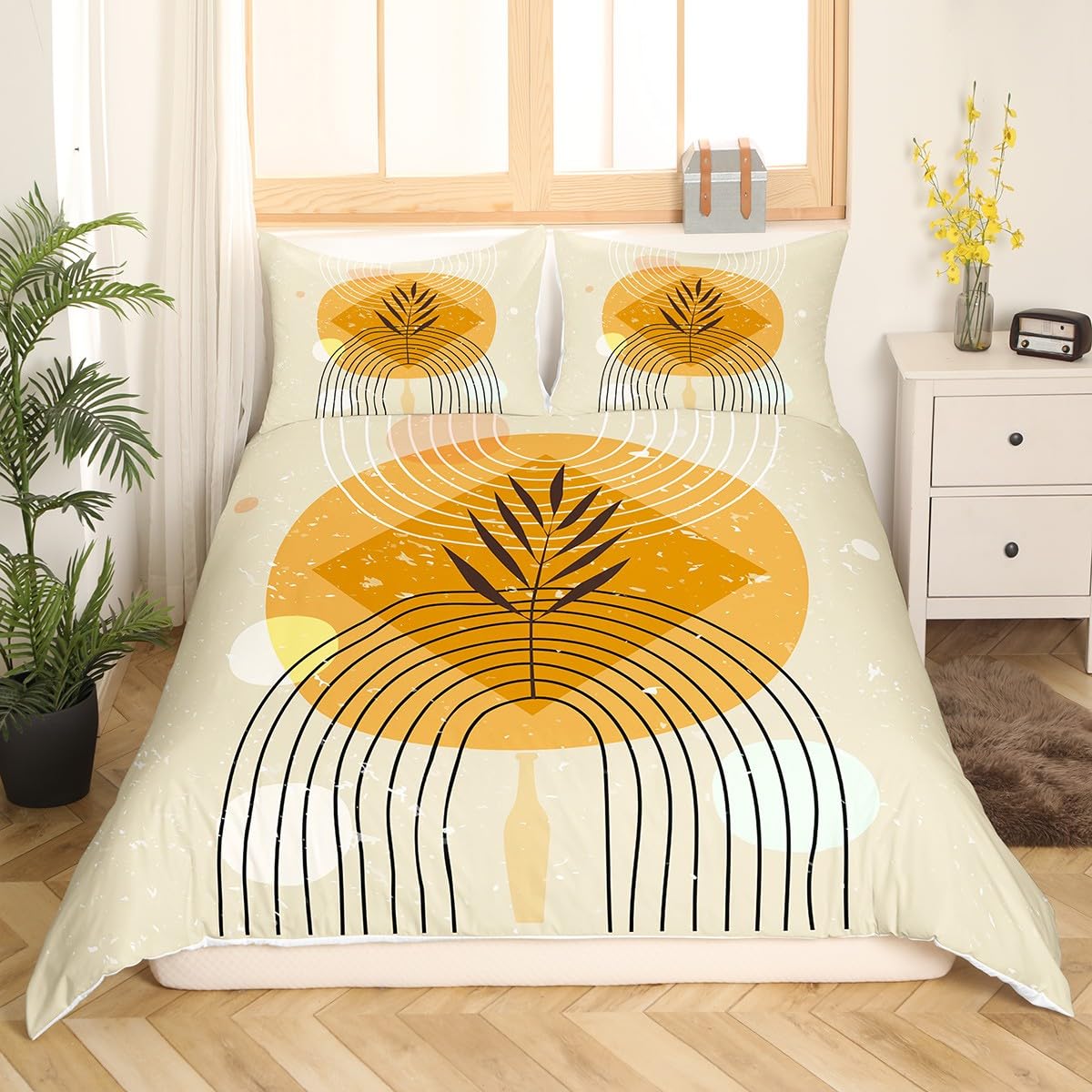 Erosebridal Geometric Stripe Duvet Cover Queen Retro Aesthetic Bedding Set, Beige Minimalism Comforter Cover Modern Artwork Bed Set, Mid Century Bedding with 2 Pillowcase Super Cozy (Zipper Closure)