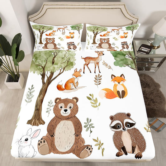 jejeloiu Woodland Animals Bedding Sheets Queen Size Bear Fox Bed Sheet Set for Kids Boys Girls Neutral Theme Fitted Sheet Forest Animal Bed Cover 3Pcs,1 Fitted Sheet+2 Pillow Sham（No Flat Sheet）