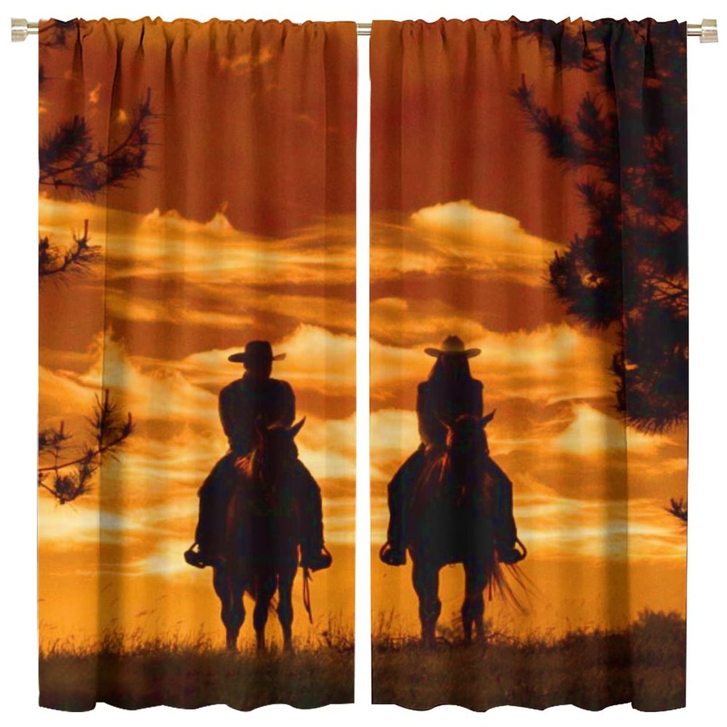 Kazynee Rustic Cowboy Blackout Curtains for Bedroom,Western Forest Sunset Country Cowboy Riding Horse Window Curtains Rod Pocket 2 Panels 45L x 21W