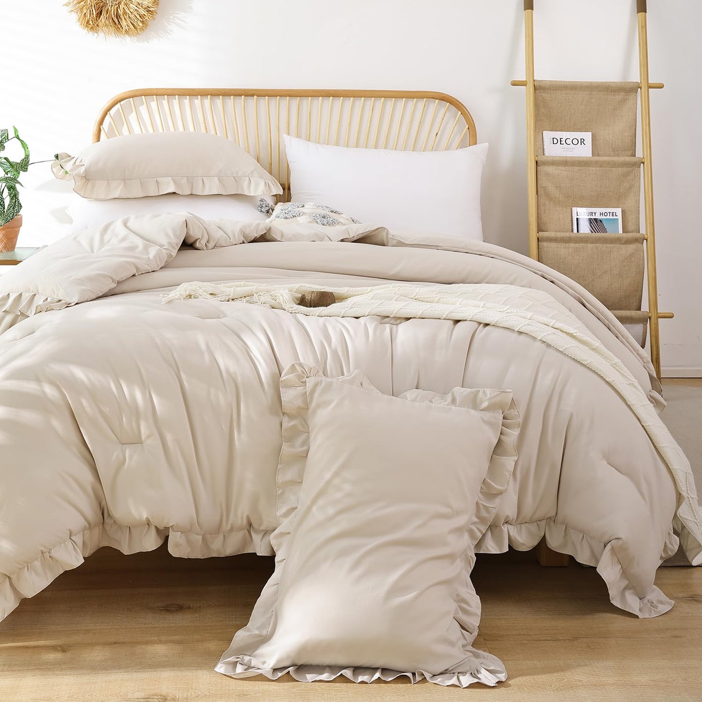 JANZAA Beige Comforter Set Queen – Soft Microfiber, Lightweight All Season Bedding, Ruffle Shabby Chic Aesthetic, Breathable Cozy Bed Set with 2 Pillow Shams, Machine Washable