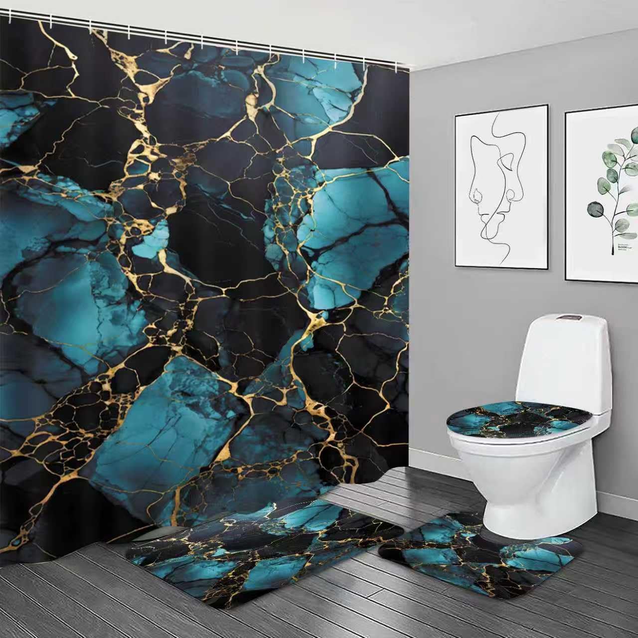 NBVKO 4 Pcs Navy Marble Shower Curtain Sets with Rugs Gold Bathroom Sets with Shower Curtain and Rugs Modern Abstract Bathroom Decor Accessories Shower Curtains for Bathroom Toilet Lid Cover
