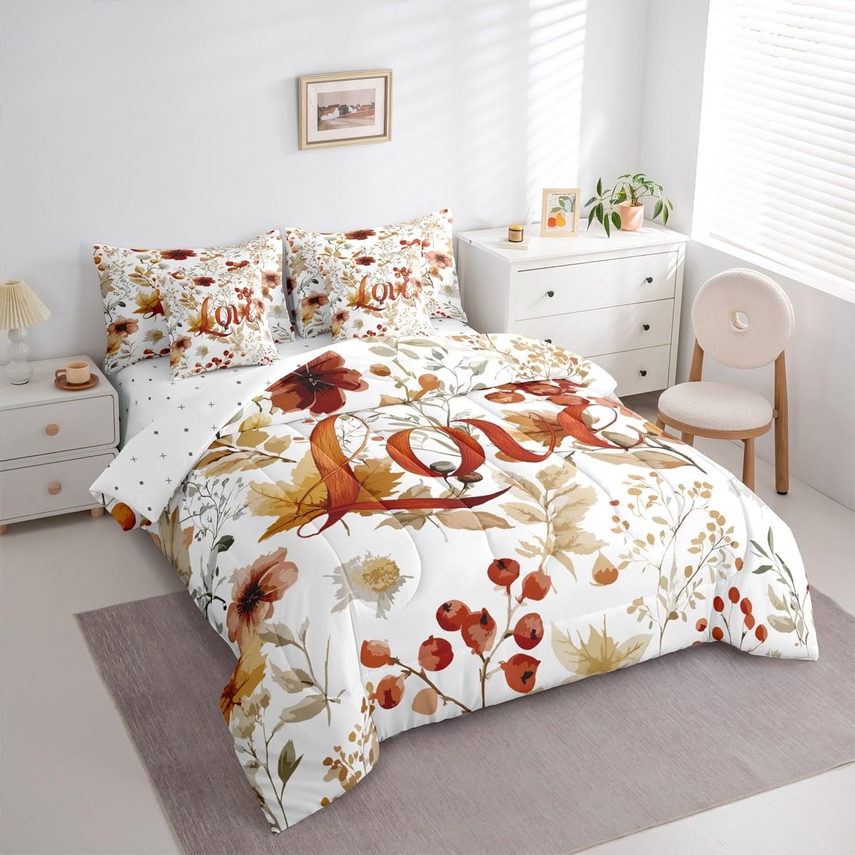 jejeloiu Fall Harvest Comforter Set Twin Size 7 Pieces Autumn Harvest Theme Bedding Set Autumn Leaves Bed in a Bag with Comforter, Sheets, Pillowcases, Cushion Covers Bedroom Decor