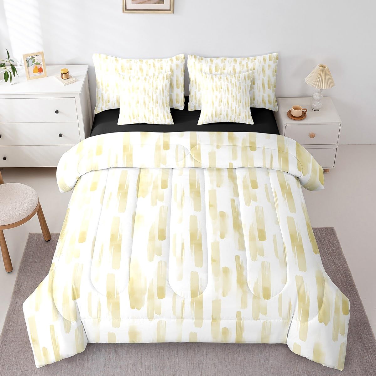 Erosebridal 7Pcs Lemon Yellow Boho Striped Comforter Set King,Geometric Stripes Abstract Bed in A Bag for Adults Women Men,Modern Ink Watercolor Quilt Set with Pillowcases,Ombre Gradient Art Bedding