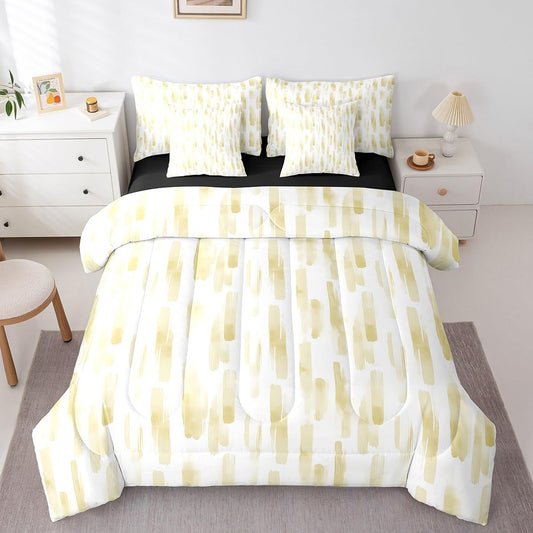 Erosebridal 7Pcs Lemon Yellow Boho Striped Comforter Set King,Geometric Stripes Abstract Bed in A Bag for Adults Women Men,Modern Ink Watercolor Quilt Set with Pillowcases,Ombre Gradient Art Bedding