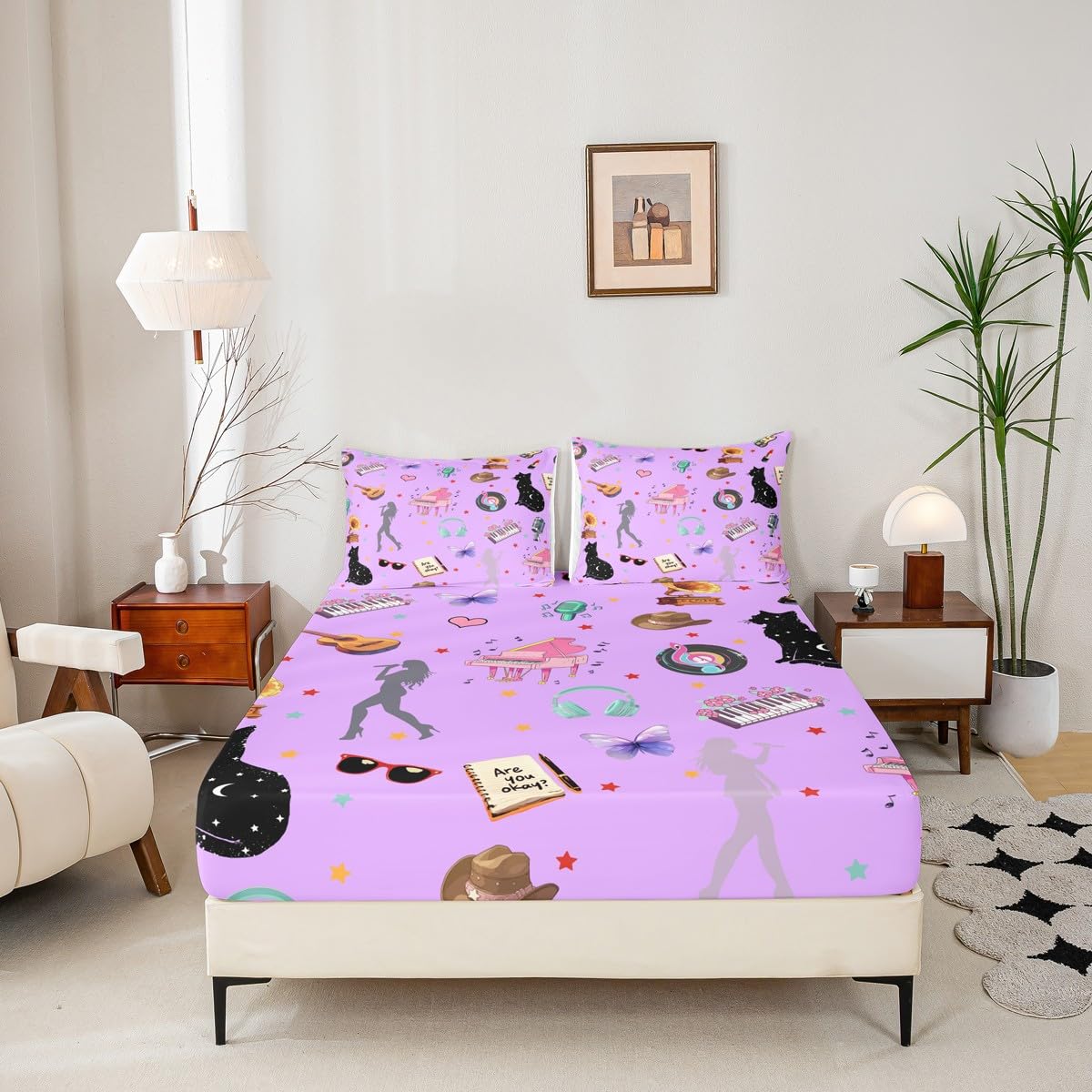 Erosebridal Romantic Purple Sheet Set King Music Themed Bed Sheets Set Black Cat Sheets Butterfly Stars Print Flat Fitted Sheet Modern Fashion Music Gift for Women Girls