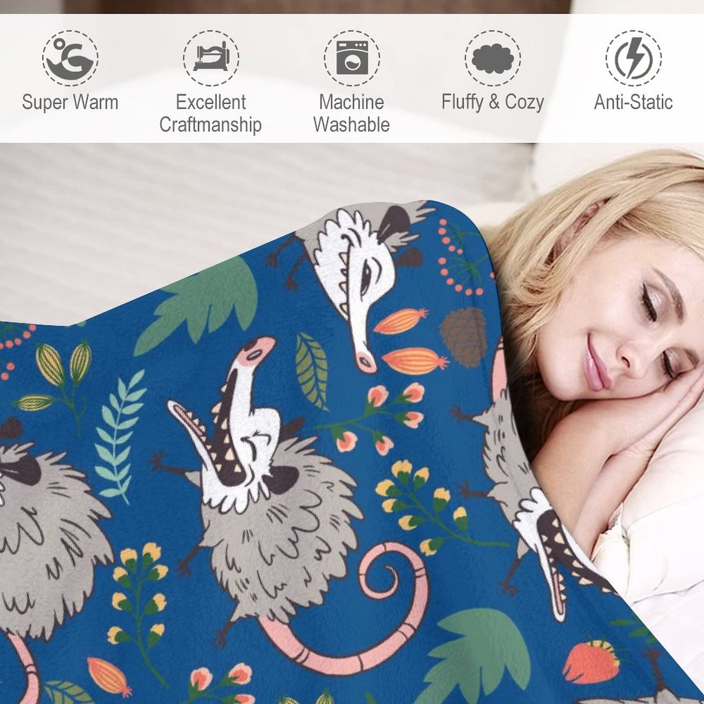 Possum Blanket Gifts, 60"x80" Funny Opossum Throw Blanket for Kids Adults, Lightweight, Plush, Soft, Cozy, Warm, Flannel Blankets for Bed Couch