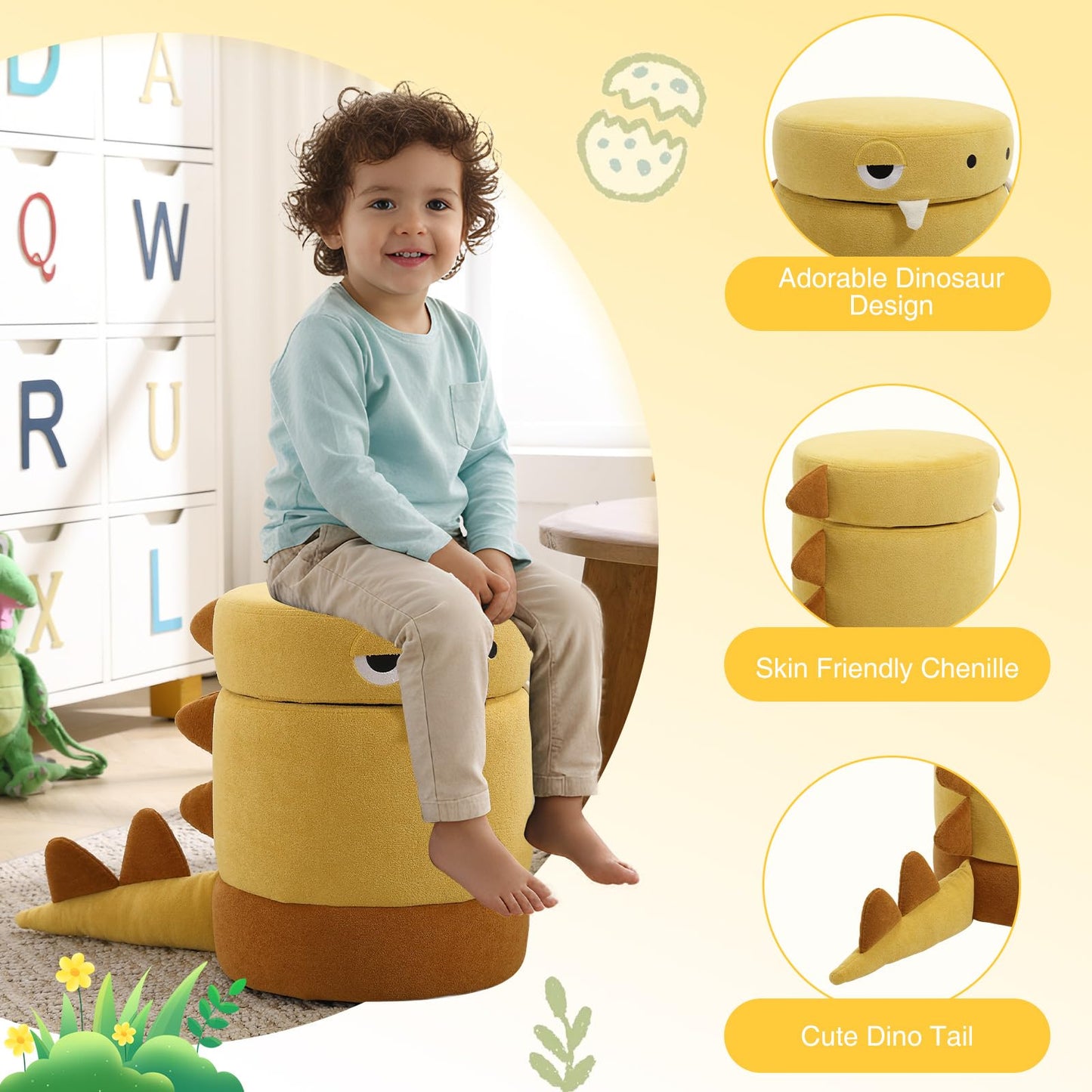 DAYARUS Dinosaur Toddler Chair Comfy Chenille Kids Reading Chairs, Toddler Dinosaur Ottoman, No Assembly Children Stool, Cute Kids Storage Ottoman, Wood Kid Desk Chairs for Playroom/Nursery, Yellow