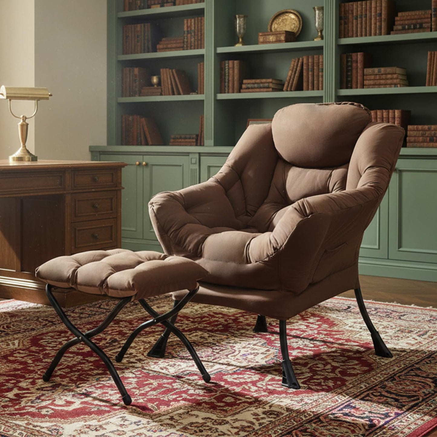 Tiita Lazy Chair with Ottoman, Brown Modern Large Accent Chair, Comfy Leisure Sofa Armchair with Ottoman, Reading Chair with Footrest for Bedroom, Living Room, Dorm Rooms, Brown