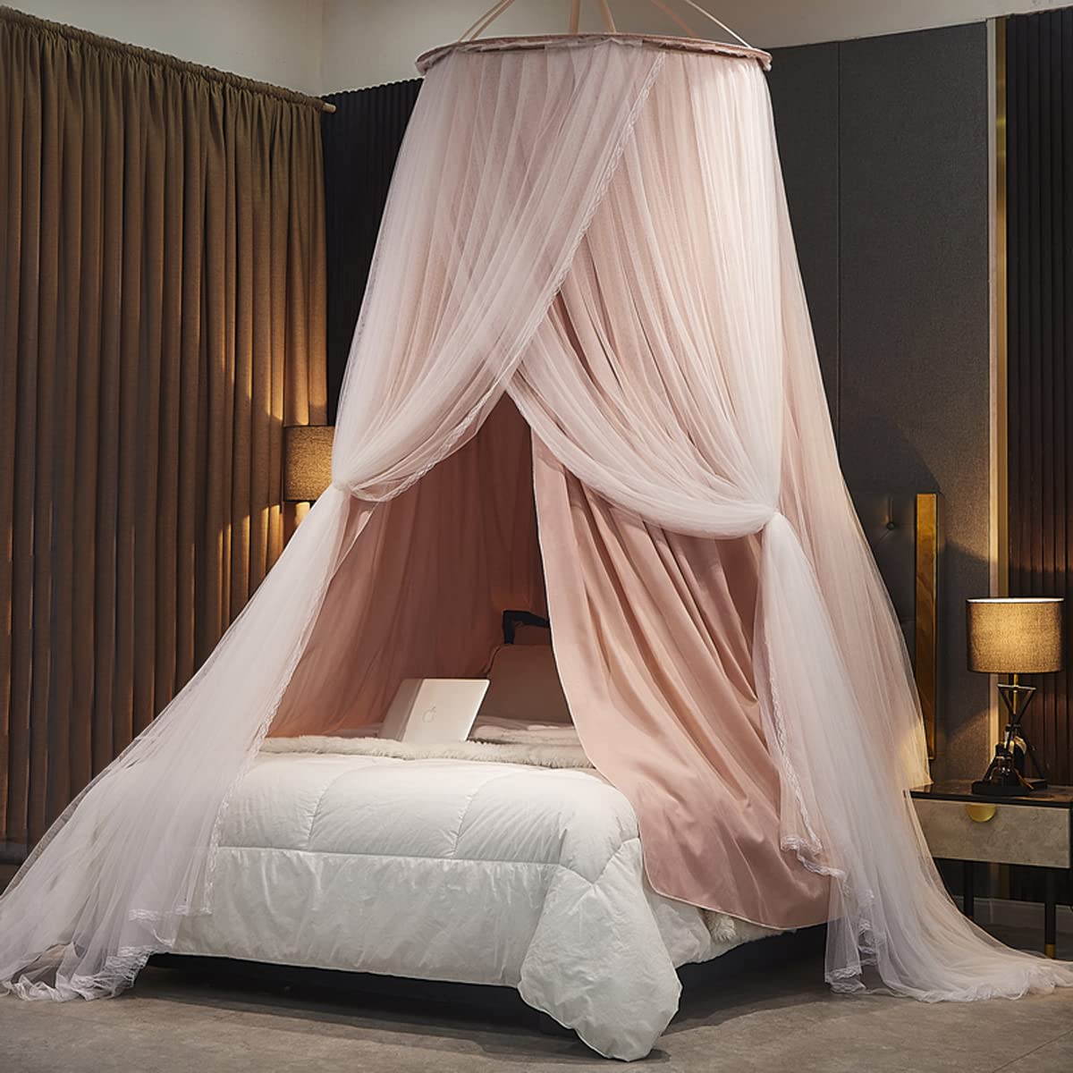 Kertnic Luxurious Bed Canopy for Girls & Adults - Double Layer Princess Canopy with Lace, Round Dome Mosquito Netting for Queen/King Bed Tent (Pink)