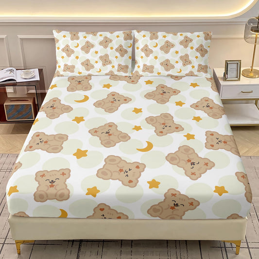 AILONEN Cute Bear Fitted Sheet Set Twin Size,3-Piece Kawaii Brown Teddy Bear Bed Sheet Set for Boys Girls,Lovely Animal Themed Fitted Sheet with 2 Pillowcases