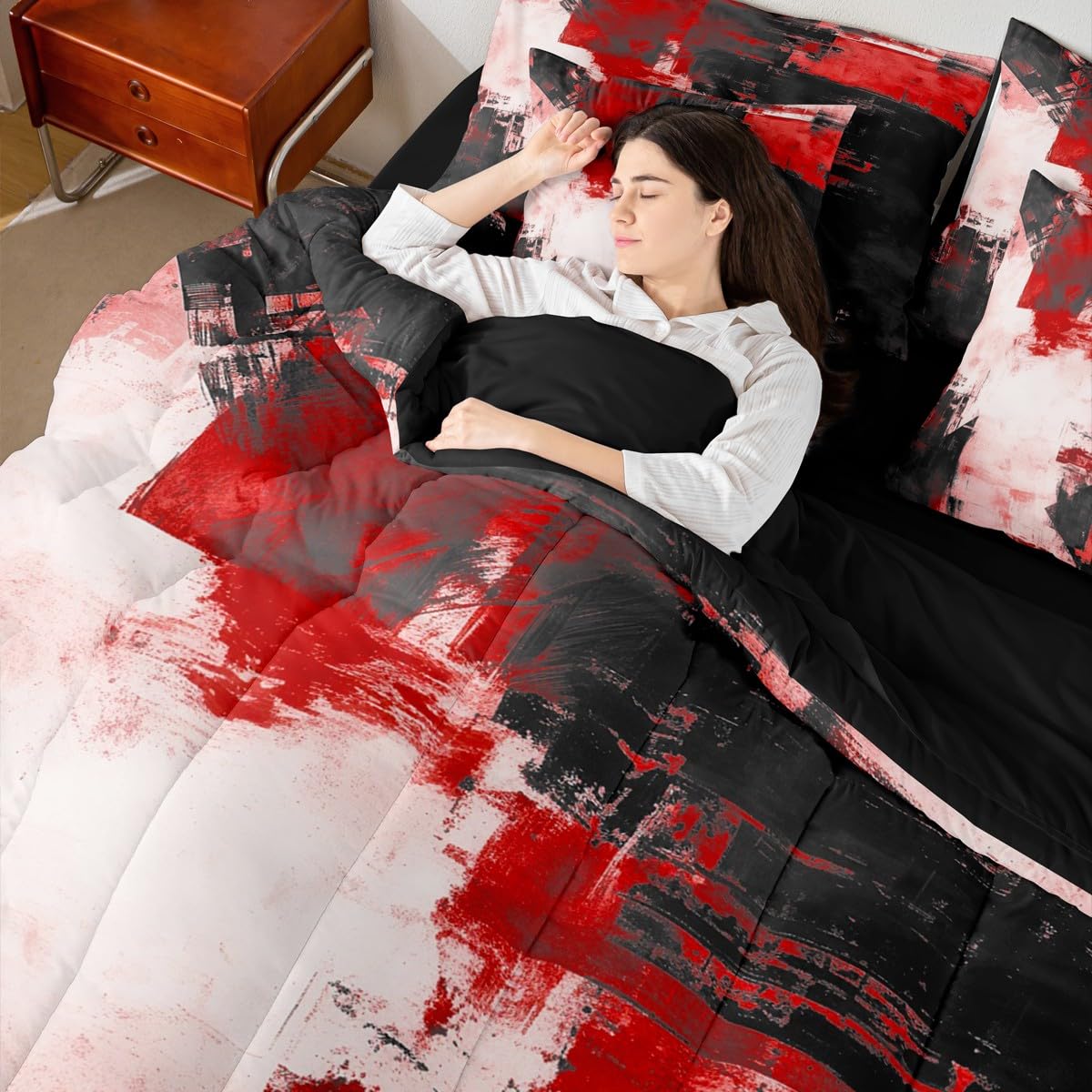 Feelyou Abstract King Comforter Set with Sheets for Kids Boys Girls Modern Abstract Art 7 Pieces Bedding Set Luxury Bed in a Bag Geometric Room Decor Red Balck Soft Lightweight Microfiber