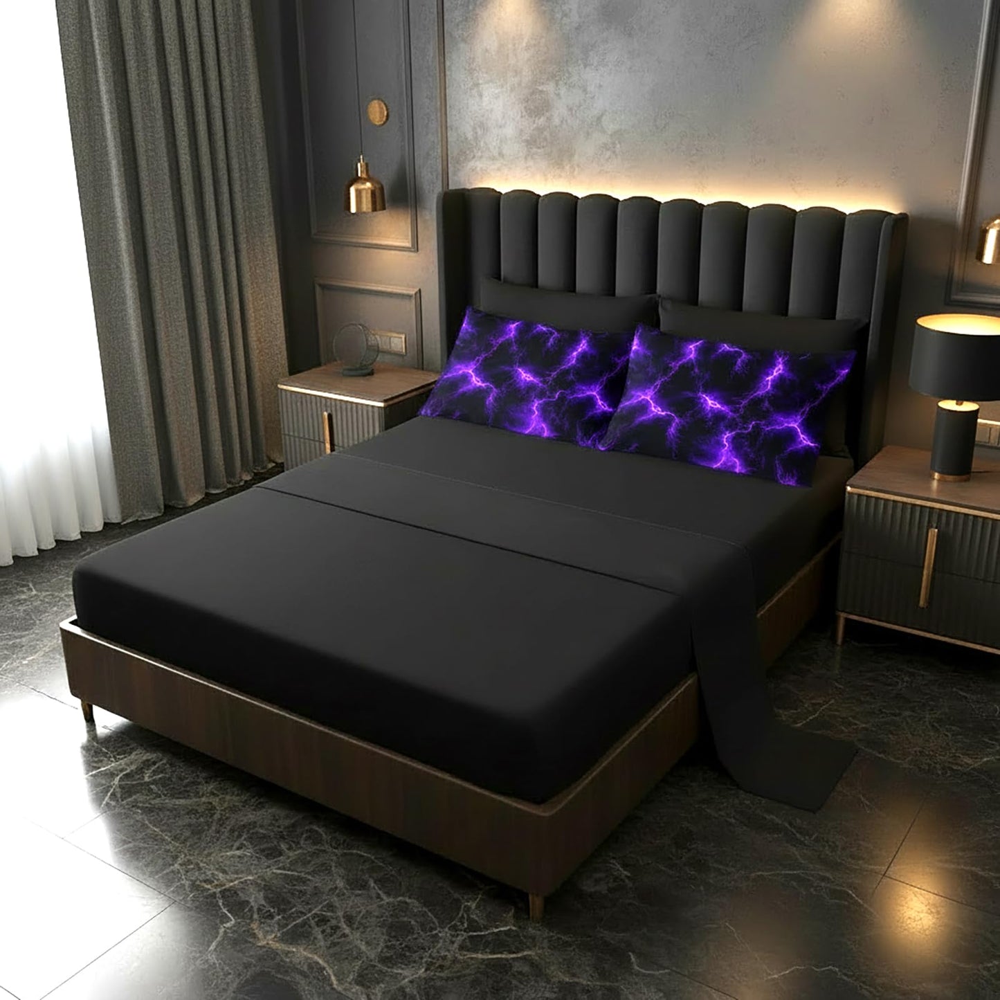 QOOMO Purple Lightning 7 Pieces Comforter Set Queen Size,Neon Lightning Bedding Set for Kids-Include 1 Comforter,1 Fitted Sheet,1 Flat Sheet,2 Printing Pillowcases and 2 Black Pillowcases