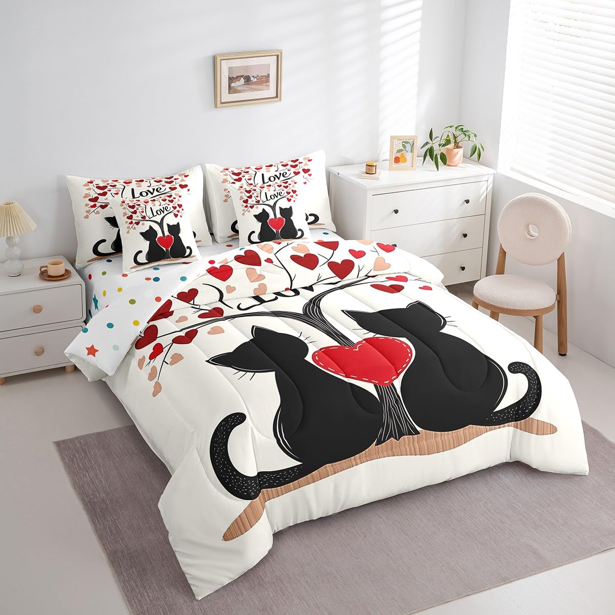 Erosebridal Black Cat Couple Queen Comforter Set with Sheets - Cute Romantic Valentine Day Red Love Bedding Sets 7 Piece Valentines Bed in a Bag Gifts for Kids Girls Boys Women Couples Room Decor