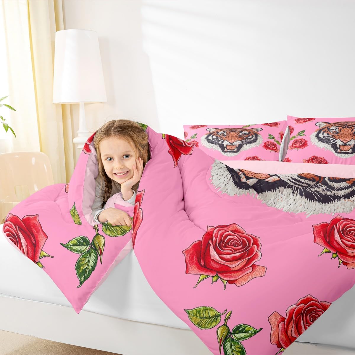 Erosebridal Tiger Comforter Set Twin Size Kawaii Wildlife Bedding Set for Kids Girls BoysSafari Jungle Animal Comforter Pink Roses Flowers Quilt Bedroom Decor