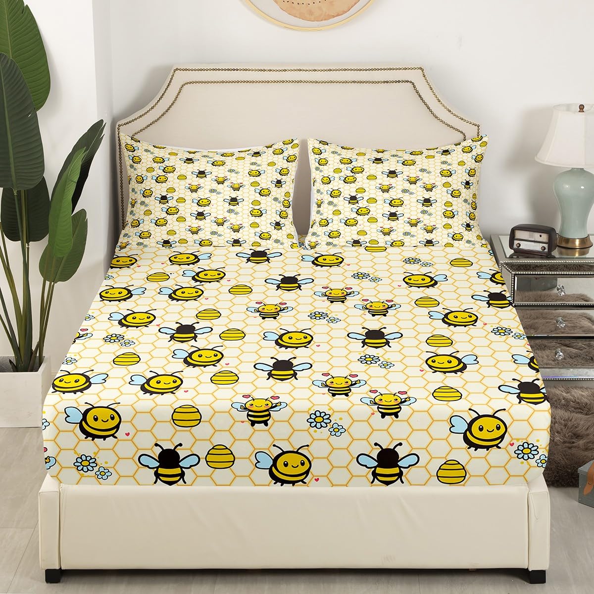 Cute Bees Sheet Set Full Size,Cartoon Bee Daisy Bed Sheets for Kids Boys Girls Child,Farmhouse Flowers Bedding Set,Geometric Honeycomb Fitted Sheet + Flat Sheet + 2 Pillowcases Bedroom Decor