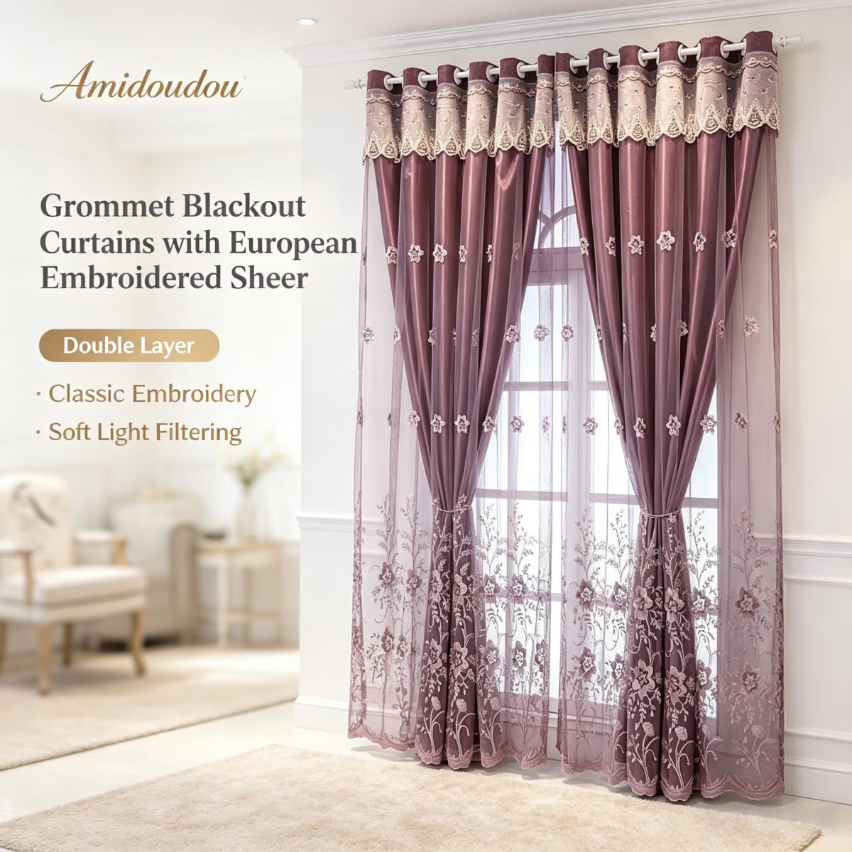 Amidoudou 1 Pair European Double Layer Curtains for Living Room Bedroom Luxury Flower Embroidered Curtains with Valance (Purple,54x90 Inch)