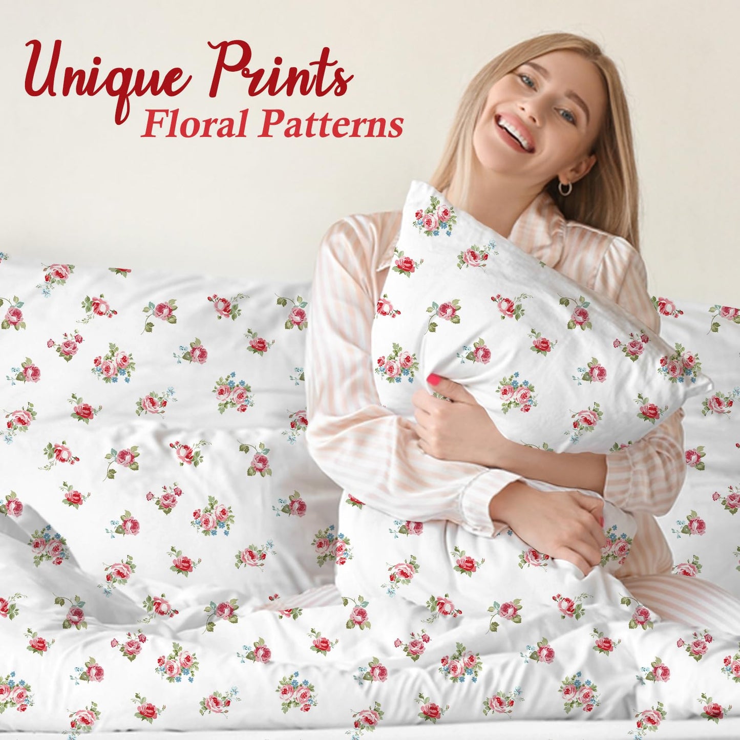 MICORAL Floral Queen Sheet Set, 4-Piece Printed Bed Sheets, 16" Deep Pocket, Ultra Soft & Cooling Sheet, Oeko-TEX Certified, Garden Rose