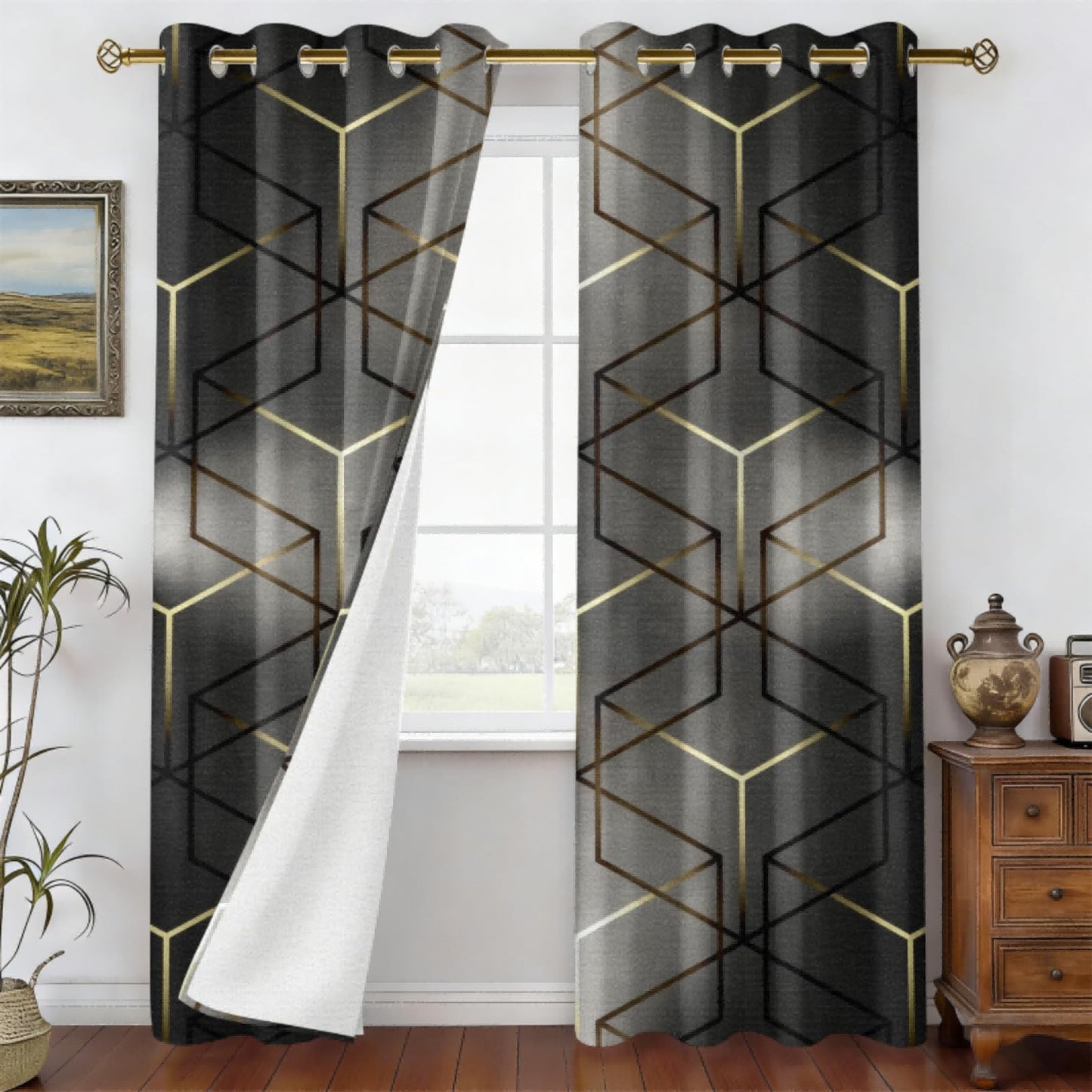 MBVZGUK Geometric Grey Room Darkening Curtains 84 Inch Long 2 Panels, Abstract Geometry Gold Foil Metallic Print Grommet Curtains & Drapes for Bedroom, Diamond Hexagon Window Treatments