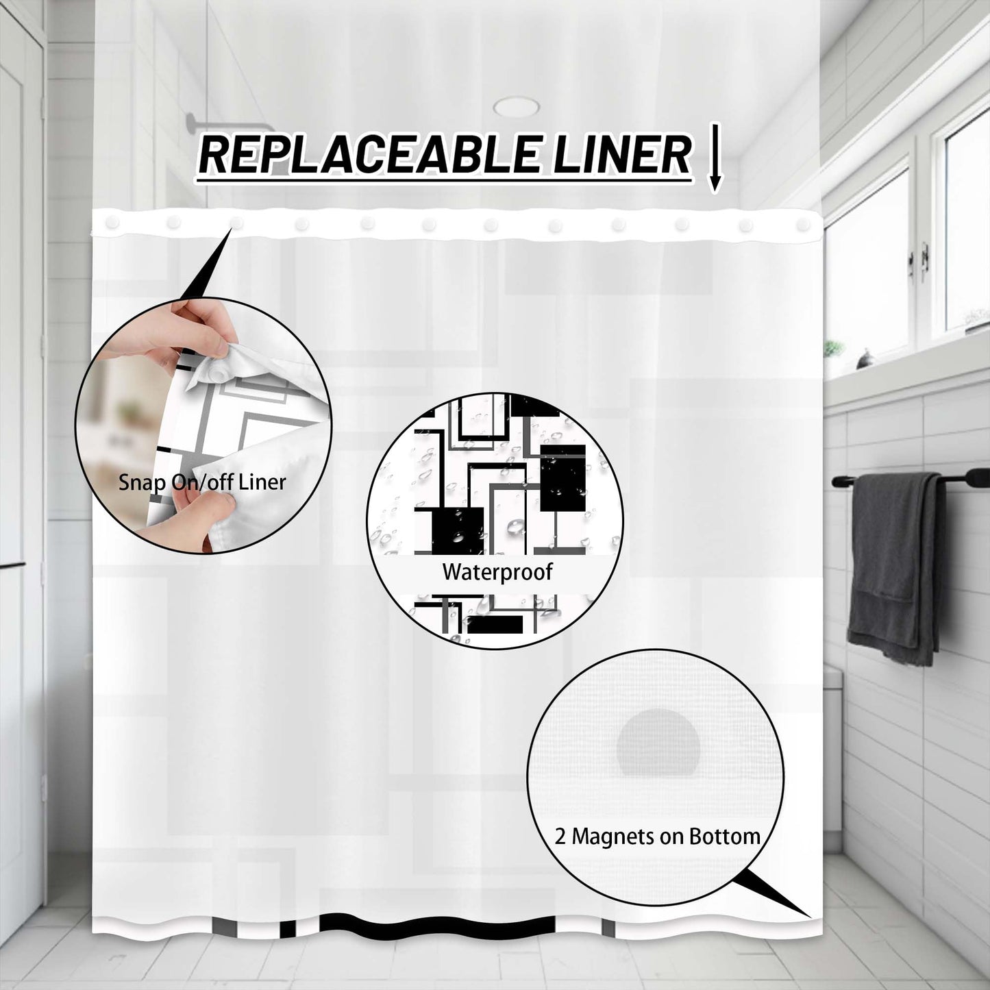 Yieldeer Black and White Geometric Hookless Shower Curtain 71"x74"