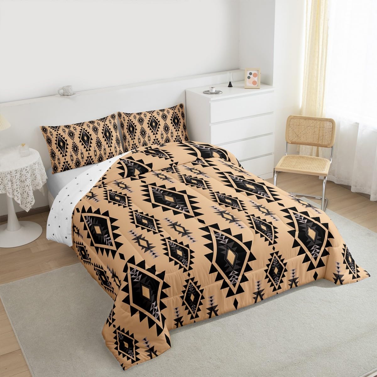jejeloiu Boho Western Comforter Set Queen Size Bohemian Southwestern Bedding Set for Kids Boys Girls Aztec Decor Duvet Quilt Country Bedroom Farmhouse 3 Pcs with 2 Pillow Cases