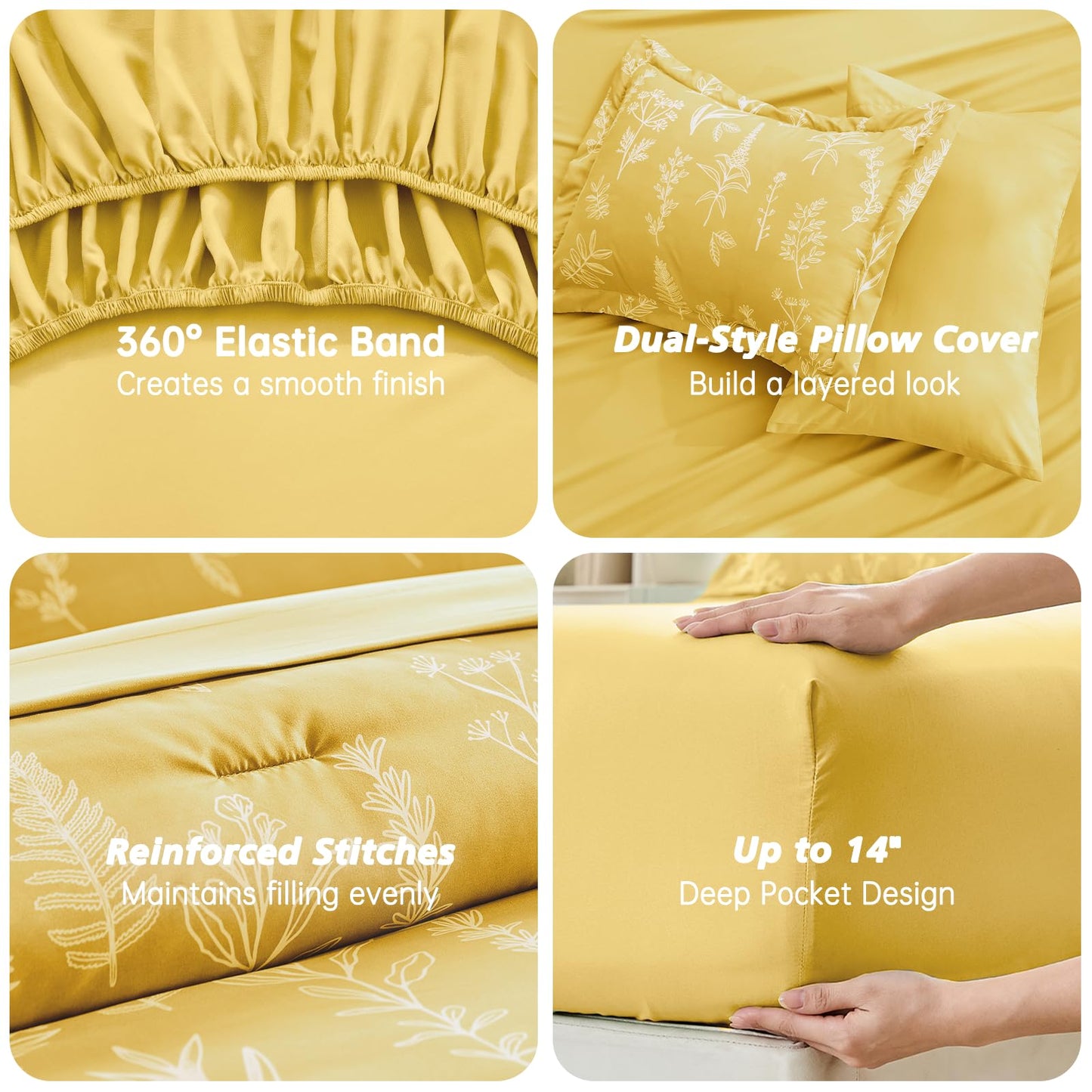 MUXHOMO Bright Yellow Bed in a Bag King 7 Pieces, King Comforter Set Reversible Botanical Flowers Design, Ultra Soft & Breathable Bedding Sets with Comforter, Sheets, Pillowcases & Shams