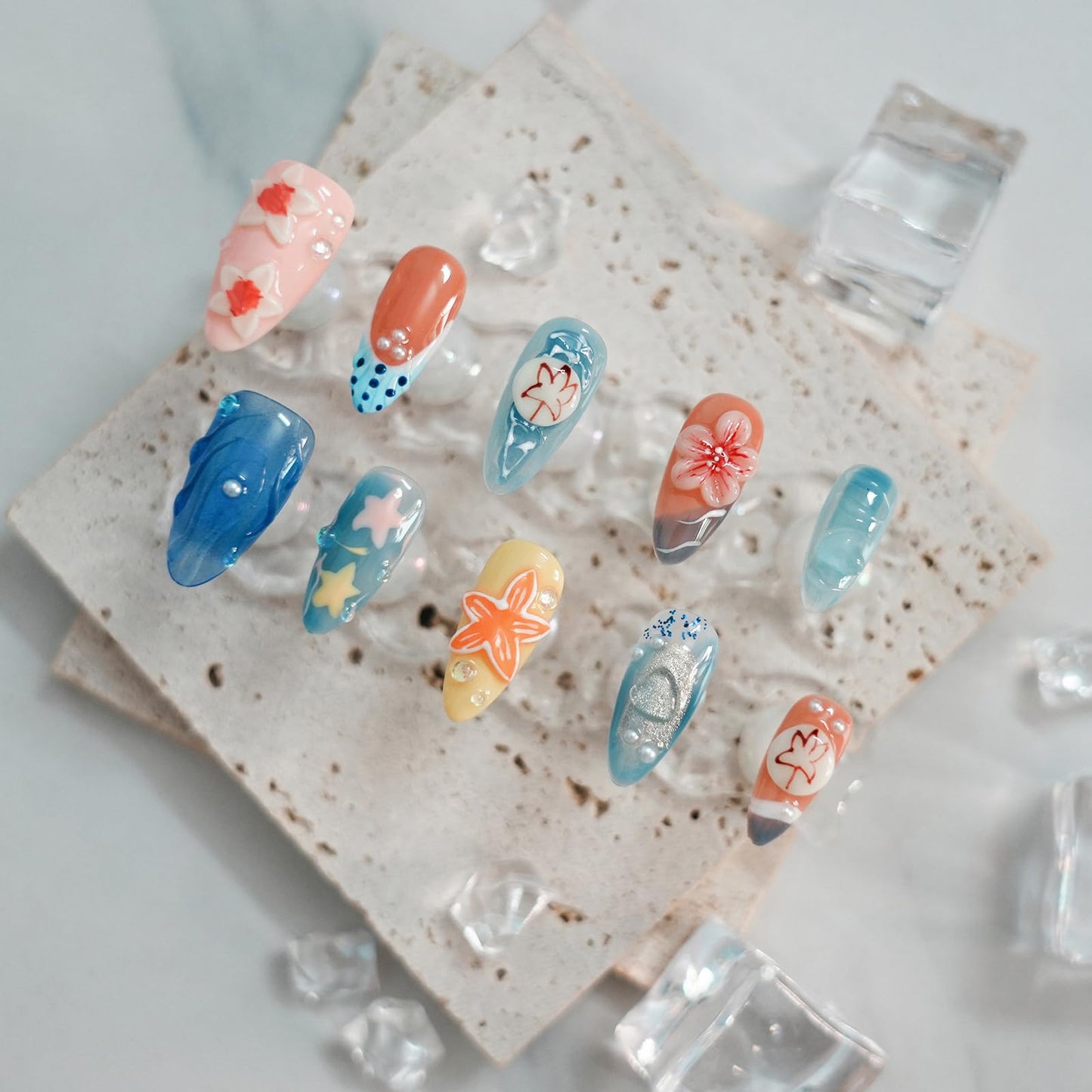Tesytto Medium Almond Press on Nails Handmade - 3D Sea Starfish & Blue Floral Carving, Ocean French Tip Summer Beach Full Cover False Nails (Blue Floral Carving,M)