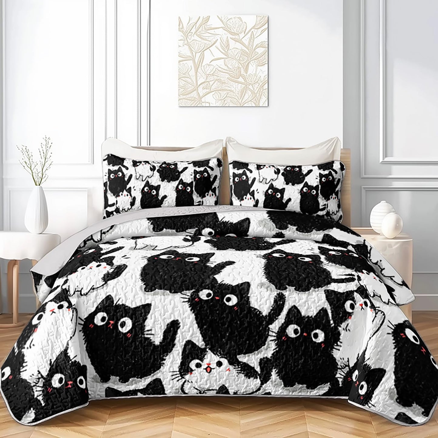 AILONEN Full Quilted Comforter Set 3 Piece, Playful Feline Animal Bedspread Coverlet with 2 Pillowcases, Soft Monochrome Pet Bedding for Teens Guest Apartment Aesthetic Sketchy Style