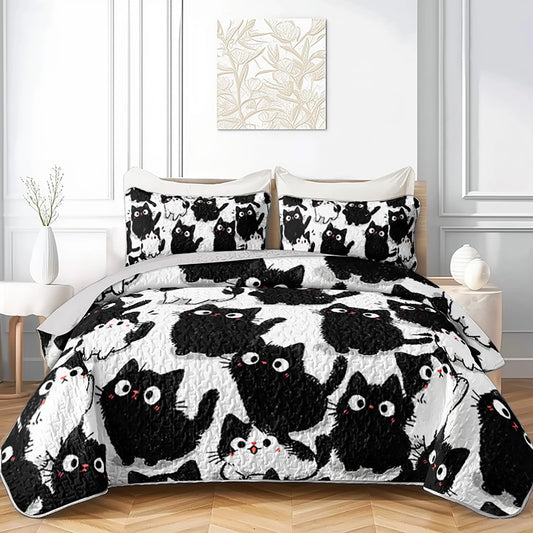 AILONEN Full Quilted Comforter Set 3 Piece, Playful Feline Animal Bedspread Coverlet with 2 Pillowcases, Soft Monochrome Pet Bedding for Teens Guest Apartment Aesthetic Sketchy Style
