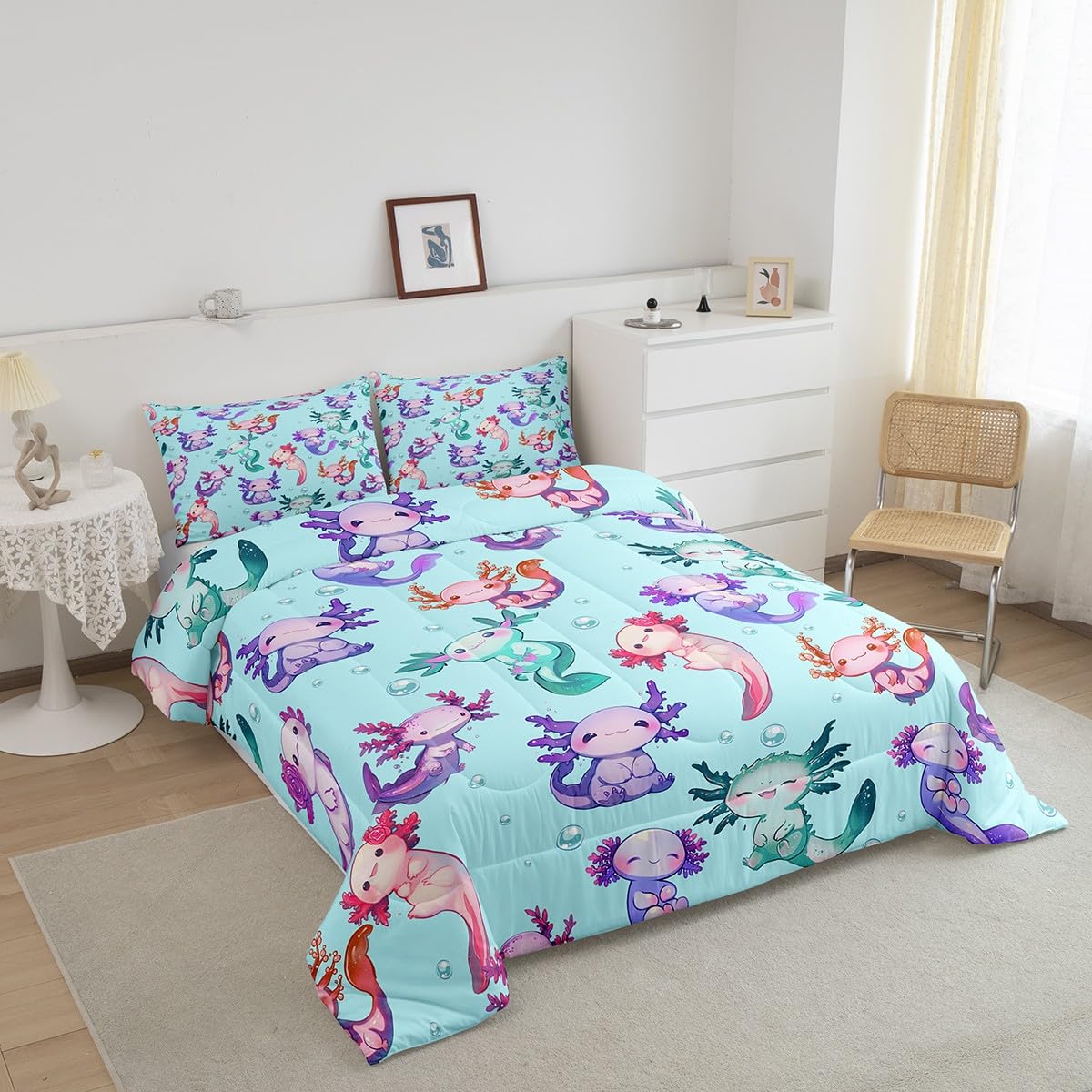 Manfei Cartoon Axolotl Comforter Set Twin Size,Cute Purple Blue Wildlife Animal Bedding Set for Girls Teens Bedroom Decor Green Polka Dots Sea Creature Soft Chic Quilted Duvet with 1 Pillowcase