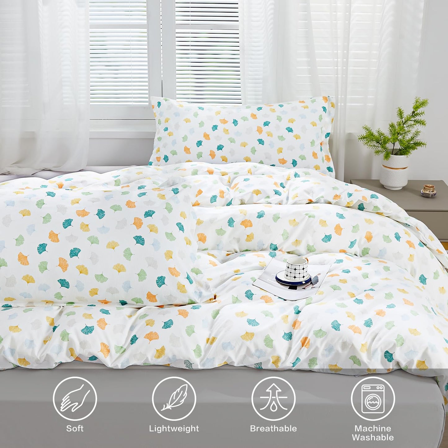 SAPHREAS Autumn Colorful Ginkgo Leaves Duvet Cover Set Soft Microfiber Bedding Set with Zipper Closure 8 Ties Full Size White Comforter Set 3pcs 1 Duvet Cover 2 Pillow Shams