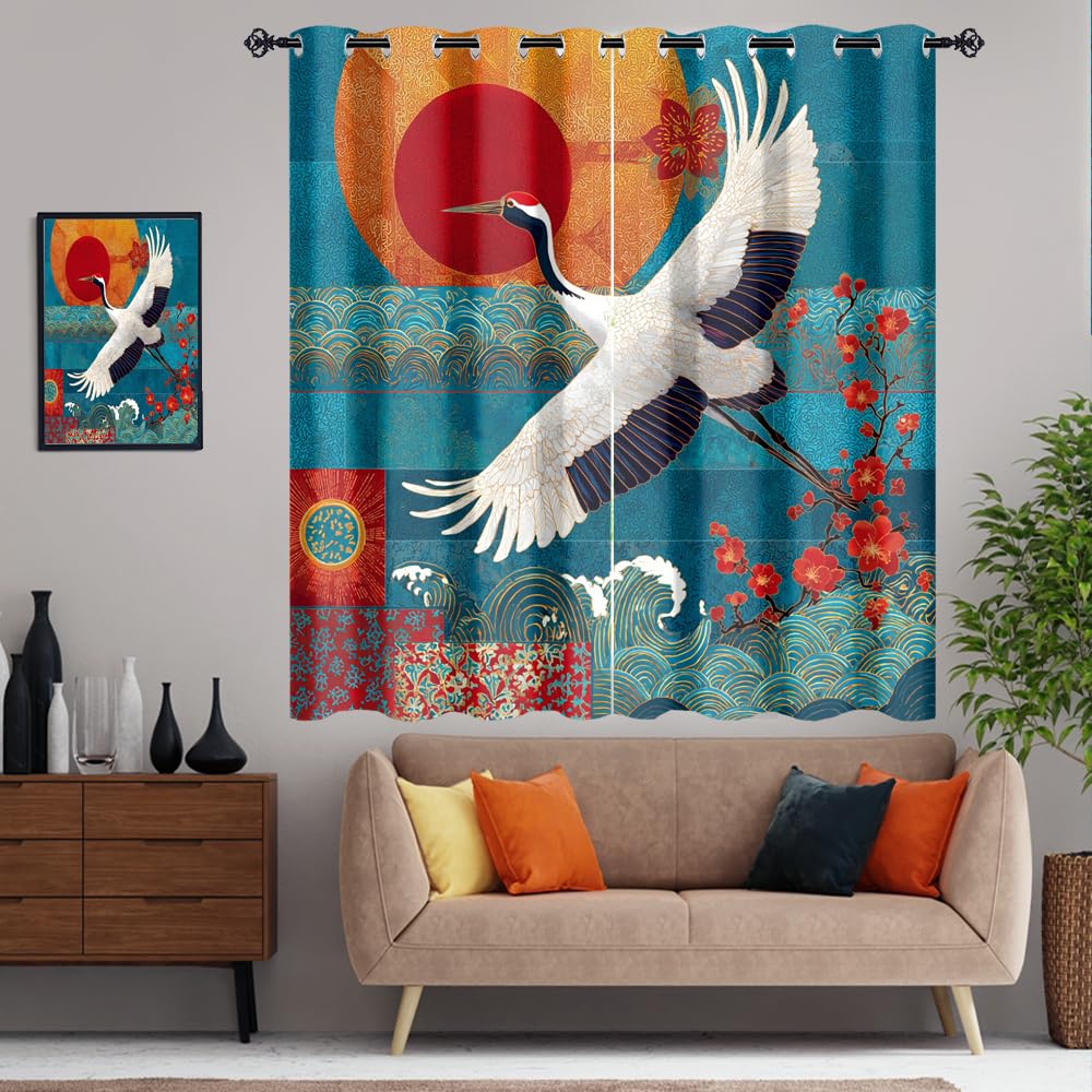 XSUPFLYM Rustic Abstract Japanese Crane Window Perforated Curtains Classic Red Sun Animal Crane Cherry Blossom Great Waves Thermal Curtains Suitable for Bedroom Living Room 2 Panels.Each 21"W x 45"L