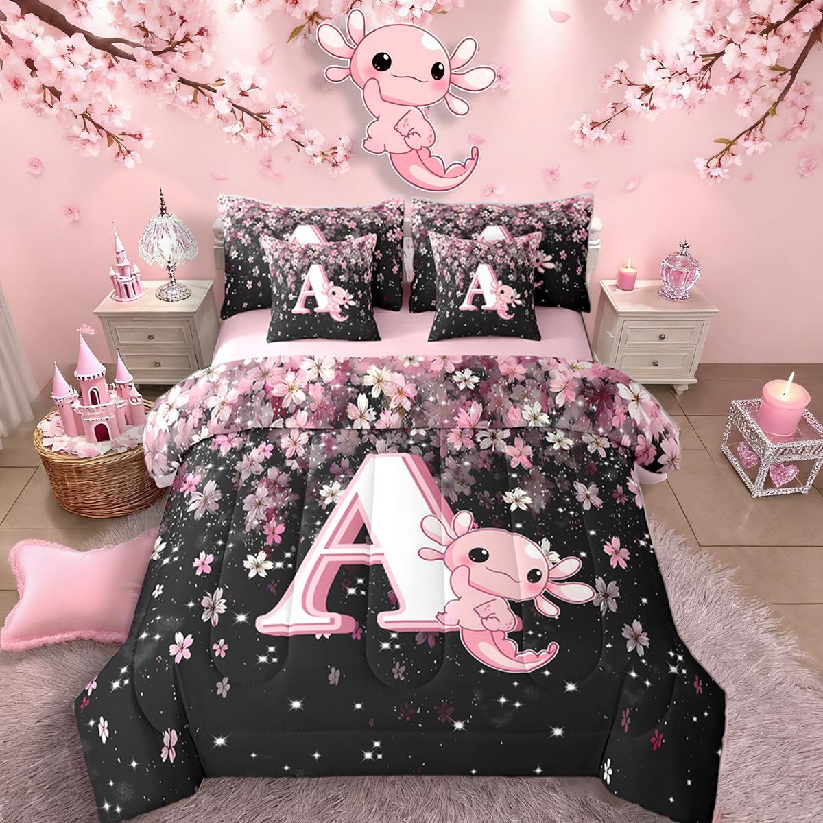Erosebridal Pink Axolotl Comforter Set for Teen Girl (Pink Black,7Pcs,Twin Size) - Cute Initial Letter A Bed in A Bag Cherry Blossom Bedding Set Girly Preppy Cute Axolotl Quilt with Initial Design