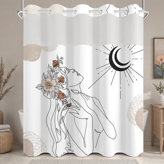 Xiazhilaio No Hook Bohemian Art Shower Curtain with Snap in Liner - 71″W x 74″L Waterproof Fabric with Mesh Top Window, Abstract Woman Floral Celestial Print Bath Curtain for Artistic Bathroom Decor