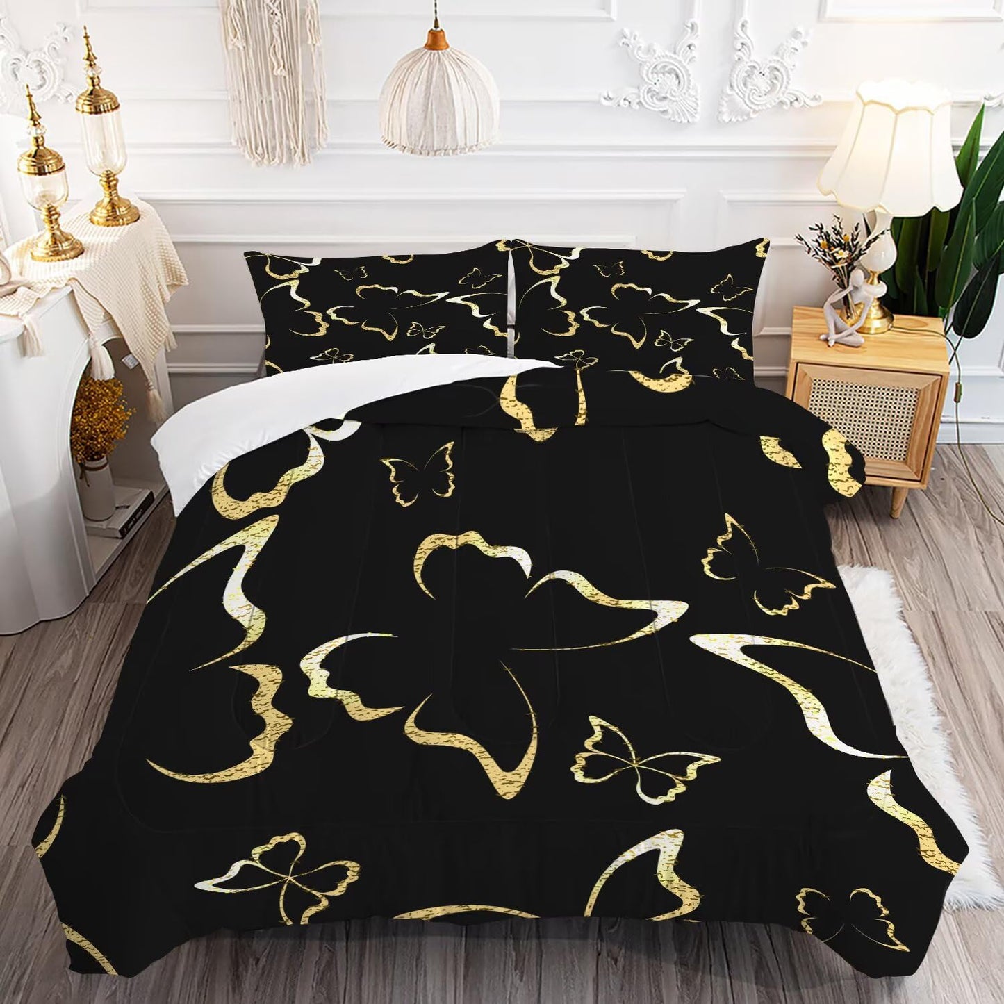 DAZYFA Black and Gold Butterfly Comforter Set Full/Queen Size Luxury Bedding for Boys Girls Men Women Adults Modern Bedroom Decor Bet Set, 1 Comforter 2 Pillowcases