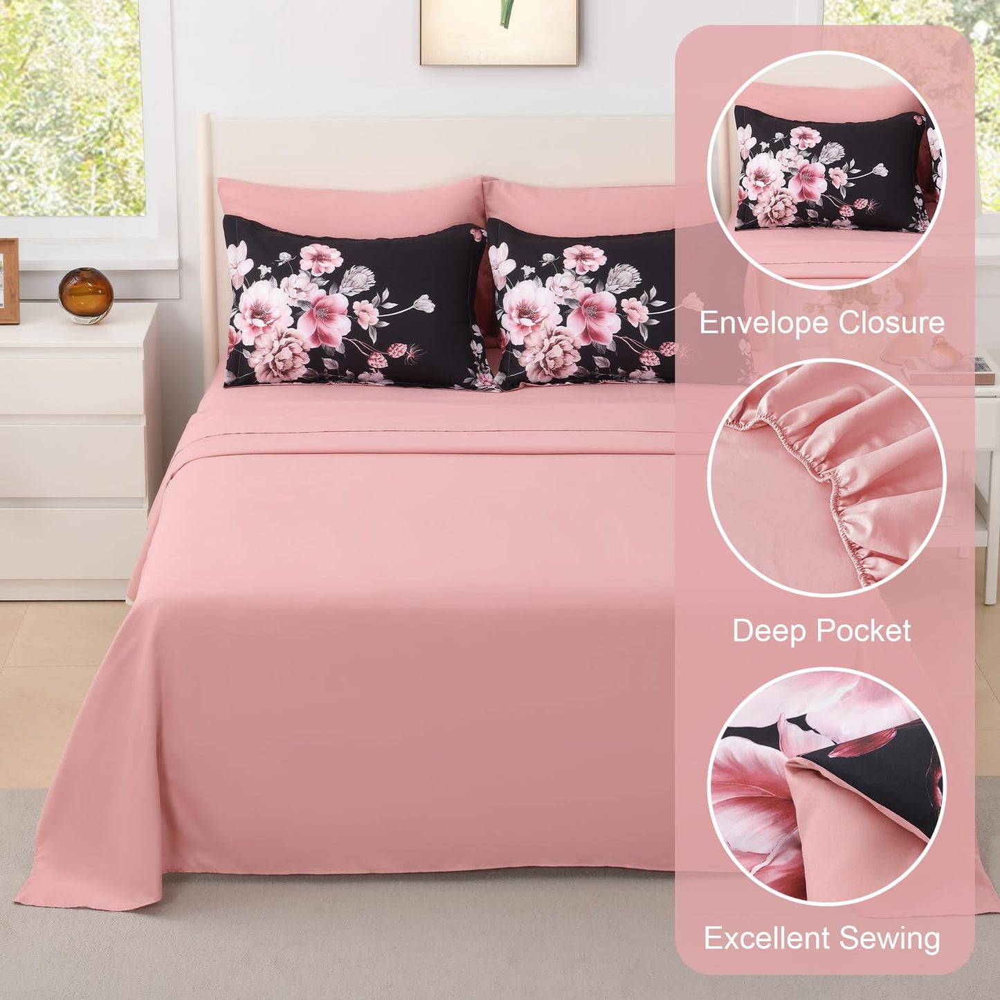 Floral Comforters Queen Size 7 Pieces Botanical Black and Pink Comforter Set Ulter Soft Microfiber Bedding Set, Lightweight Bed Comforter Set with Sheets for All Season (Black, Queen)