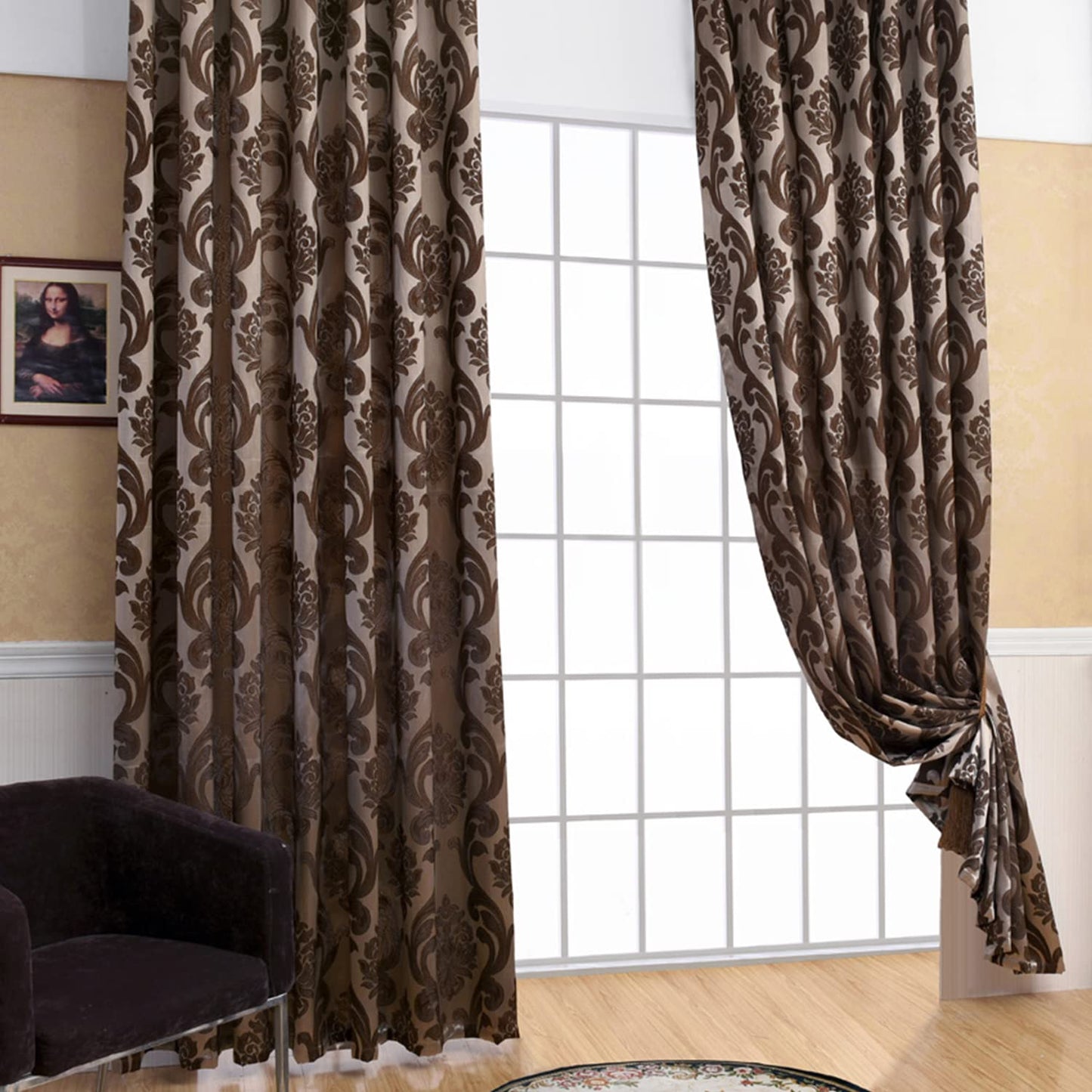 NAPEARL Brown Curtains for Living Room, Jacquard Curtain Drapes for Windows 84 Inch Length, Grommet Damask Curtains for Bedroom (2 Panels, Each 52 x 84 Inches)