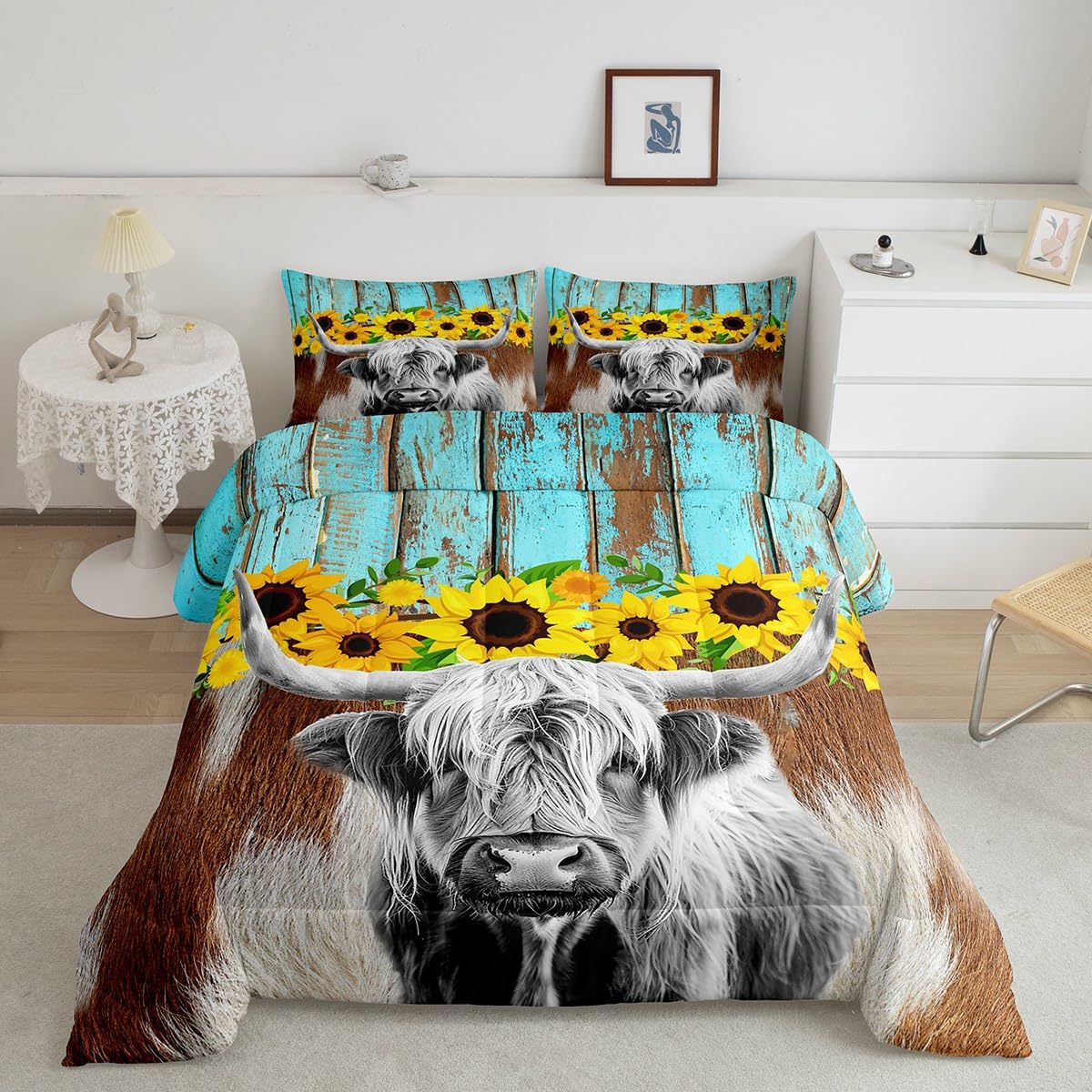 Manfei Cattle Comforter Set Twin Size, Brown White Cow Print Quilt Set with 1 Pillowcase, Yellow Flower Bedding Set 2pcs for Kids Boys Girls Room Decor, Rustic Blue Plank Duvet Insert
