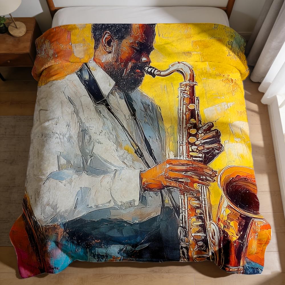 ZHOUSHUTONG African American Music Throw Blanket Black Music Print Super Soft Warm Cozy Flannel Blanket for Couch Bedroom Office Home Decor Gift for Music Lovers 49"x59"