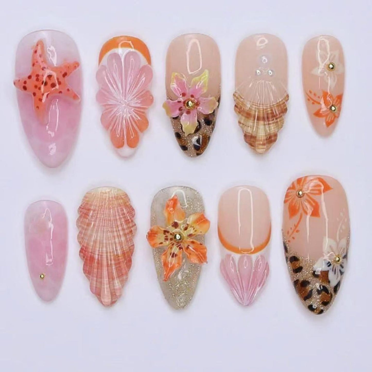 octoswave Medium Press on Nails Almond Fake Nails French Artificial Nail Flowers and 3D Embossed Stick on Nail for Women 24pcs