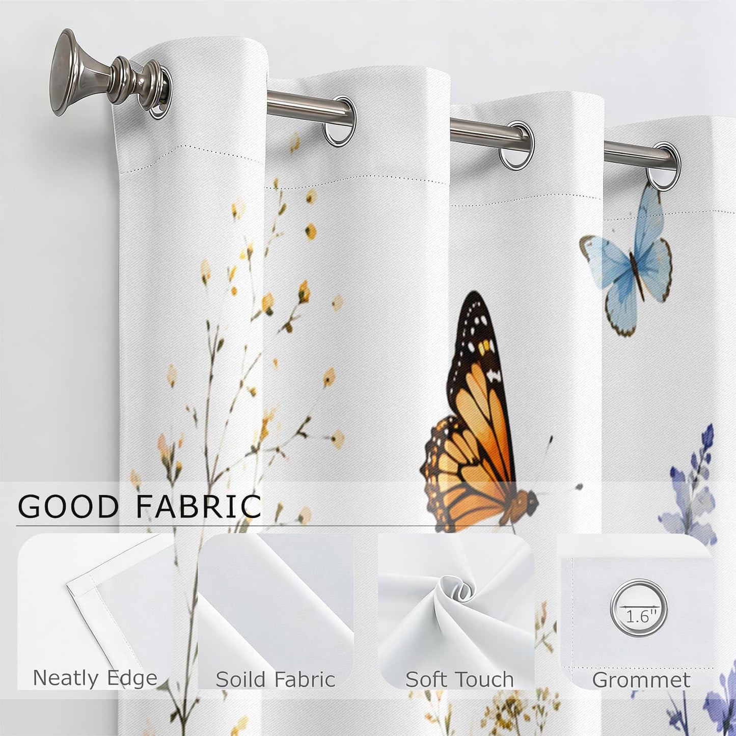 Spring Watercolor Wildflower Butterfly Blackout Curtains, 2 Panels, 29.5"W x 63"L, Colorful Meadow Floral Window Drapes, Thermal Insulated Darkening Botanical Curtains for Bedroom Nursery Living Room