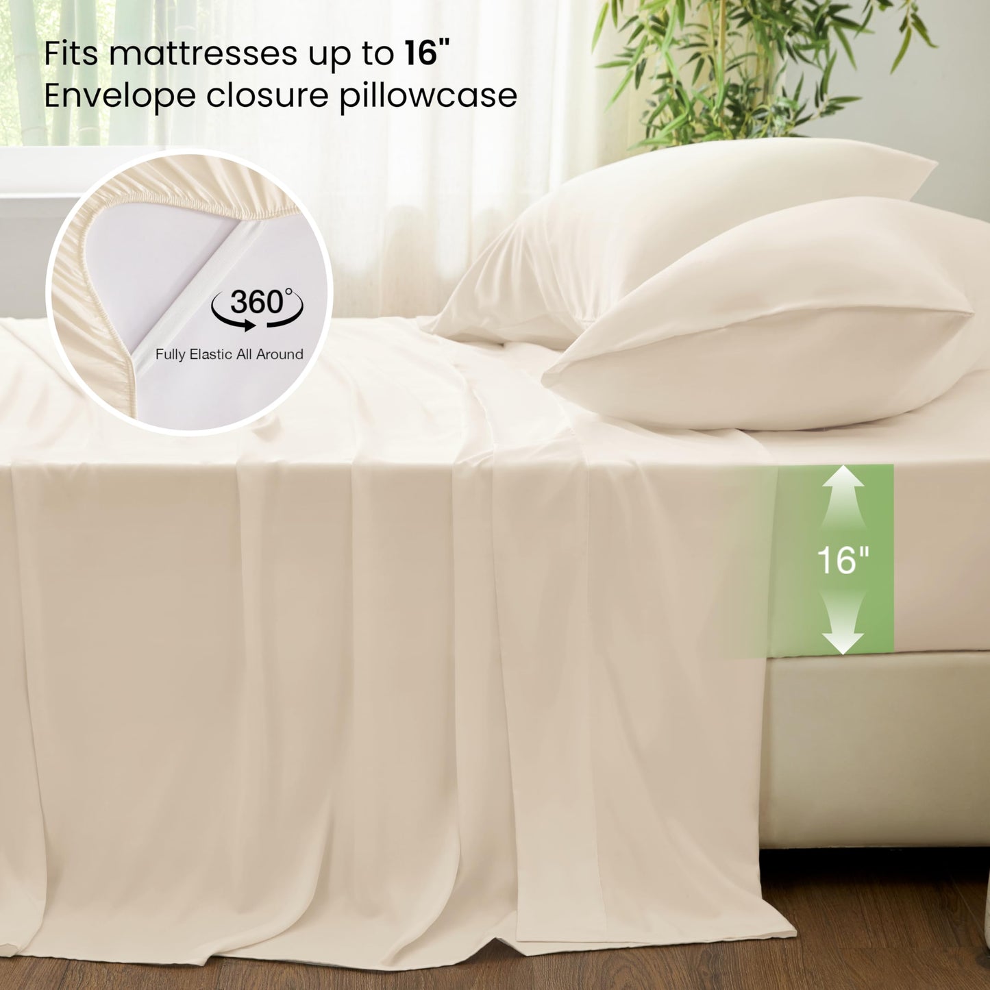 Love's cabin 4 Piece Queen Sheet Set, 100% Rayon Derived from Bamboo, Cooling & Breathable, Soft Silky Deep Pocket up to 16", Hotel Luxury Bedding for Hot Sleepers, Beige