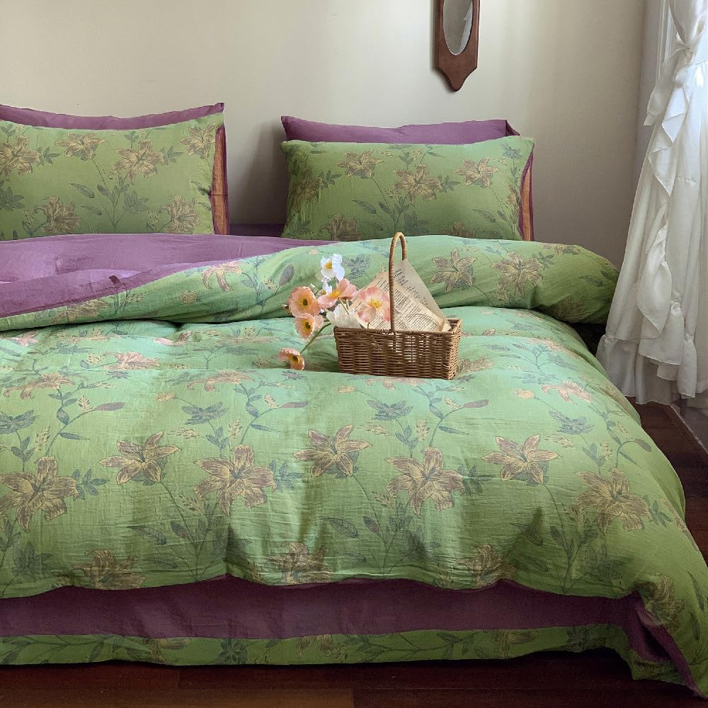 VM VOUGEMARKET Linen Cotton Jacquard Duvet Cover Queen,3 Pcs Yarn-Dyed Textured Duvet Cover Set Green Purple Floral Bedding Breathable, Natural Wrinkled Look-No Comforter