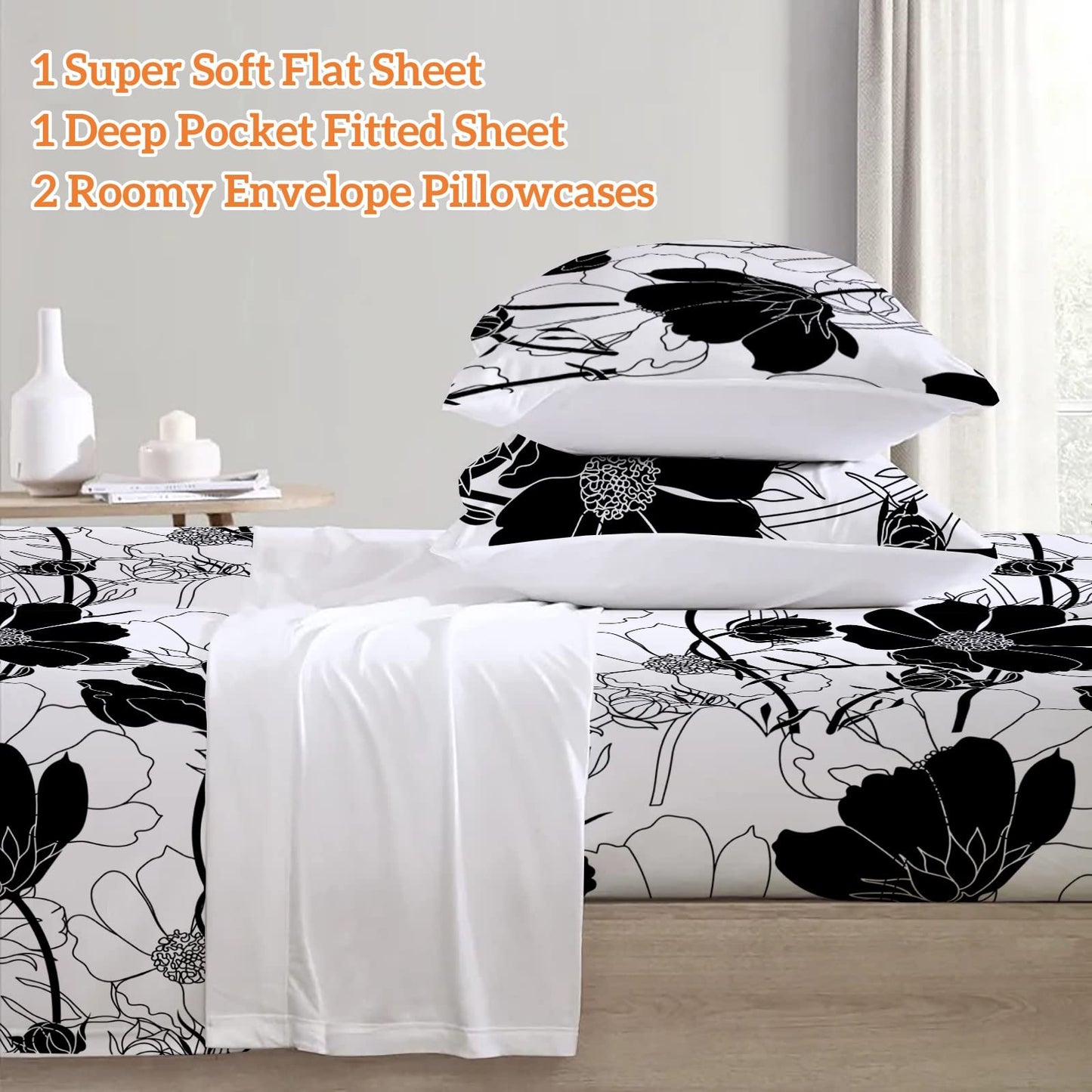 INTOMENG Black and White Floral Sheets Queen Flower Aesthetic Bed Sheets Full Soft Deep Pocket Queen Sheet Set - 1pc Flat Sheet, 1pc Fitted Sheet, 2pc Pillowcases Flowers Ultra Soft