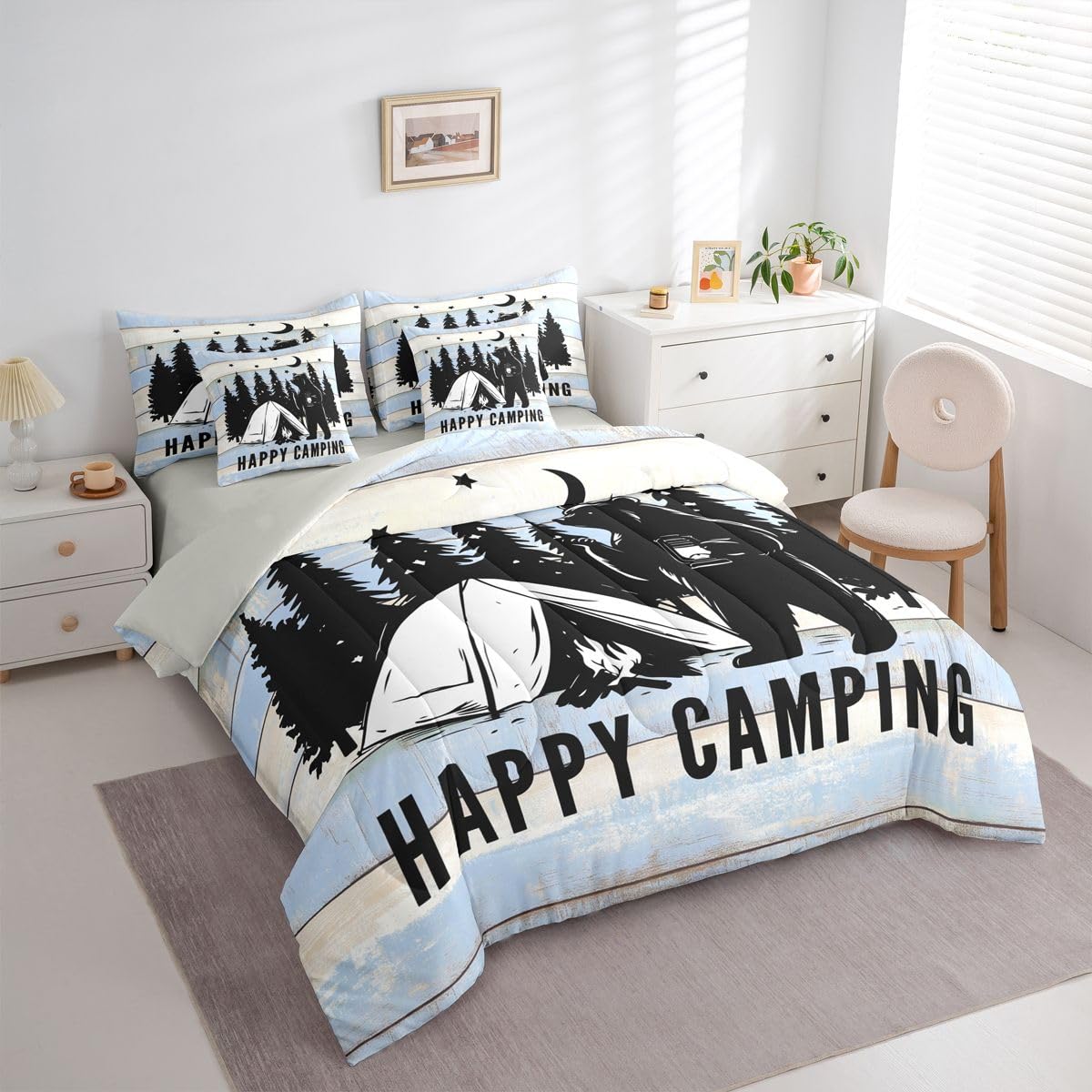 Erosebridal Happy Camping 7 Pieces Bedding Set Twin,Camping Lover Bed in a Bag,Cabin Funny Bear Bed Set Includes Comforter,Sheet Set,Pillowcases & Pillow Covers,Blue Beige Wooden Plank Bedroom Decor