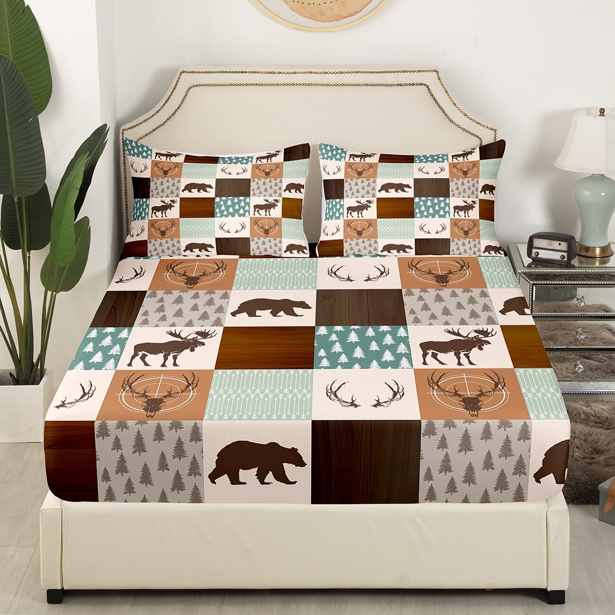 Castle Fairy Wild Animal Hunting Fitted Sheet Full Size,Rustic Bear Deer Antler Arrow Patchwork Bed Set for Girls Teens Room Plaid Retro Country Board Polyester Bedding with Flat,Fitted,2 Pillowcases