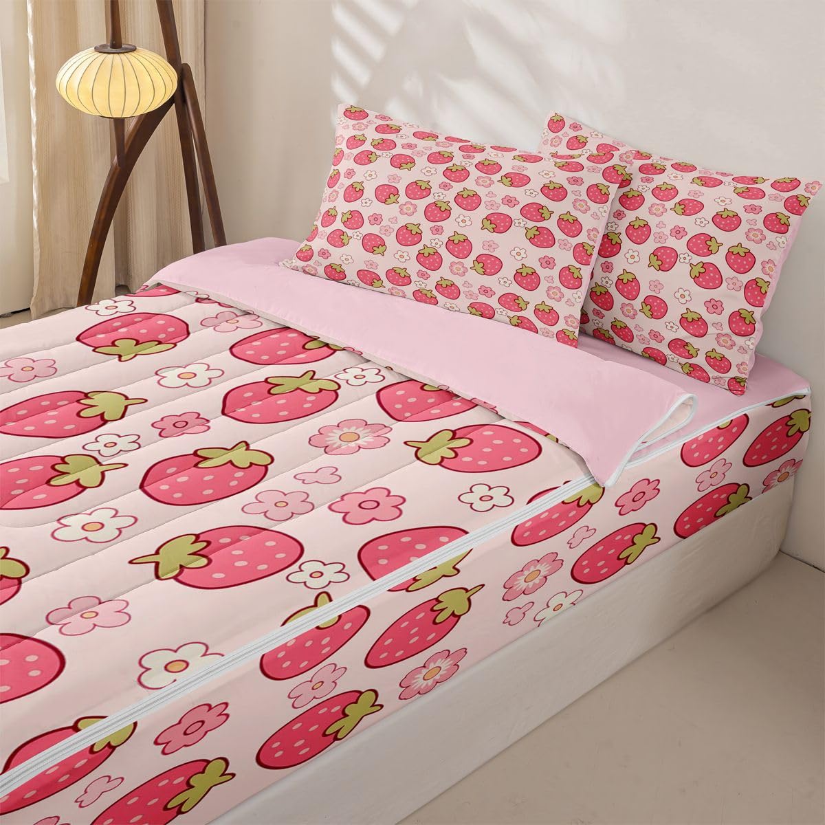 Erosebridal Kawaii Strawberry Zippered Comforter Set Girly Floral Zipper Bedding Set Twin Size Japanese Style Bed in a Bag Cute Cartoon Fruit Food Comforter with Sheets