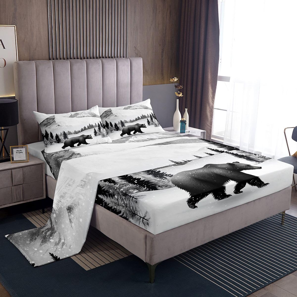Erosebridal Rustic Bed Sheets Full | Bear Jungle Hunting Sheet Set for Kids Boys Girls Cabin Farmhouse Sheets Countryside Wildlife Flat Fitted Sheet 3 Pcs