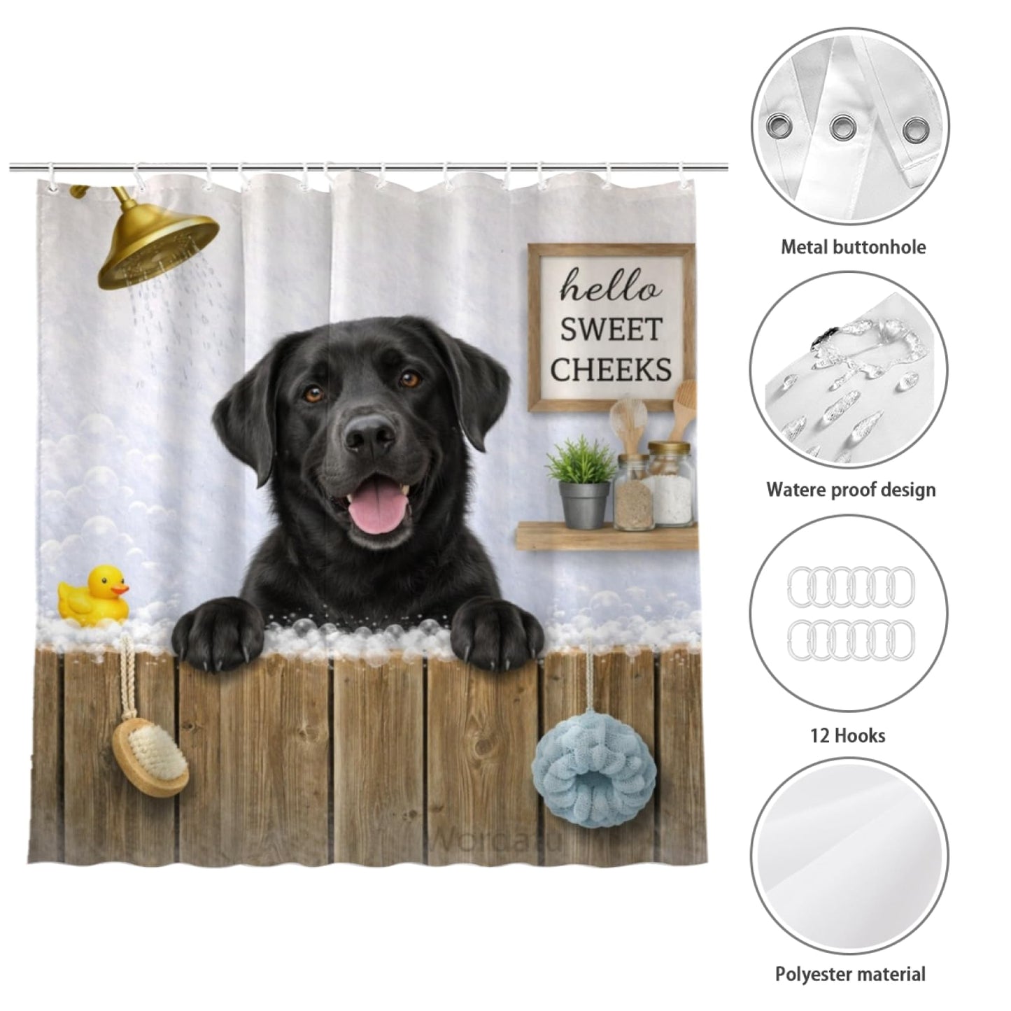 Wordatu Funny Black Labrador Dog Farmhouse Shower Curtain 72x72 Inch Rustic Hilarious Pet Animal Country Bathroom Set Accessories Decor with 12 Hooks